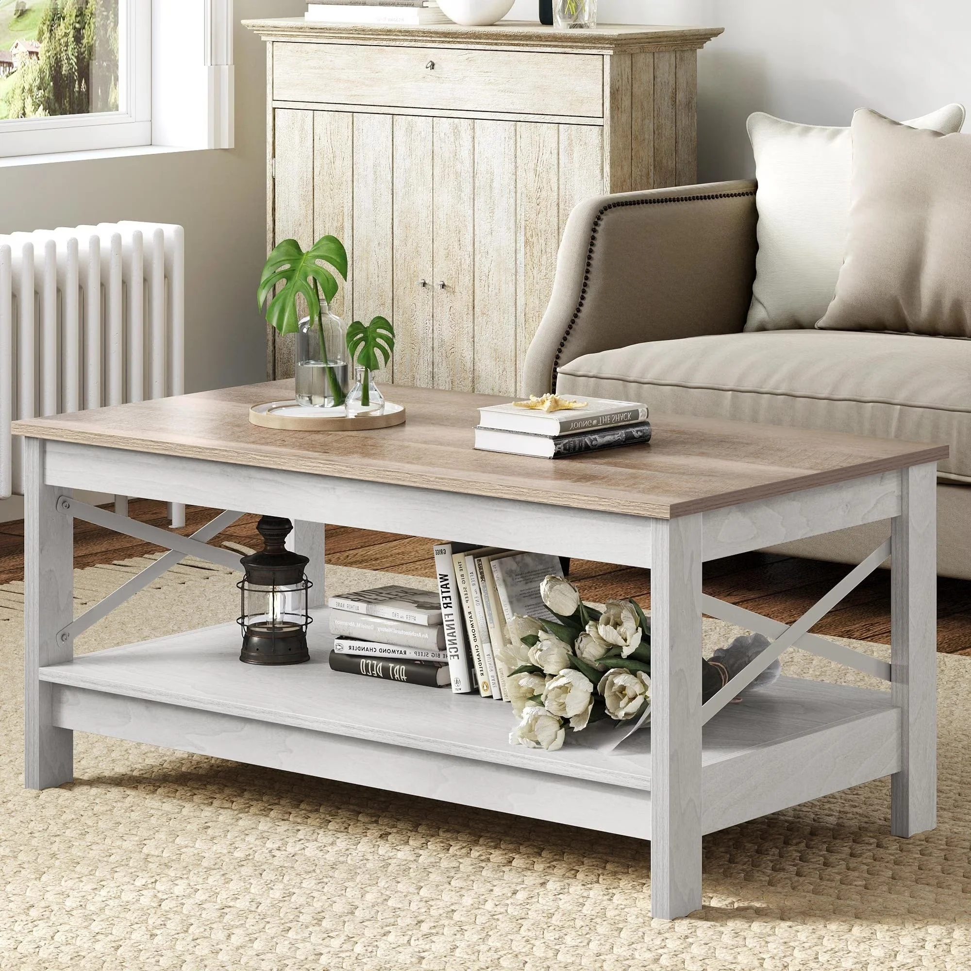 2026 NewMoasis Farmhouse Coffee Table with Storage 2-Tier Center Table for Living Room Grey Wash Top+White