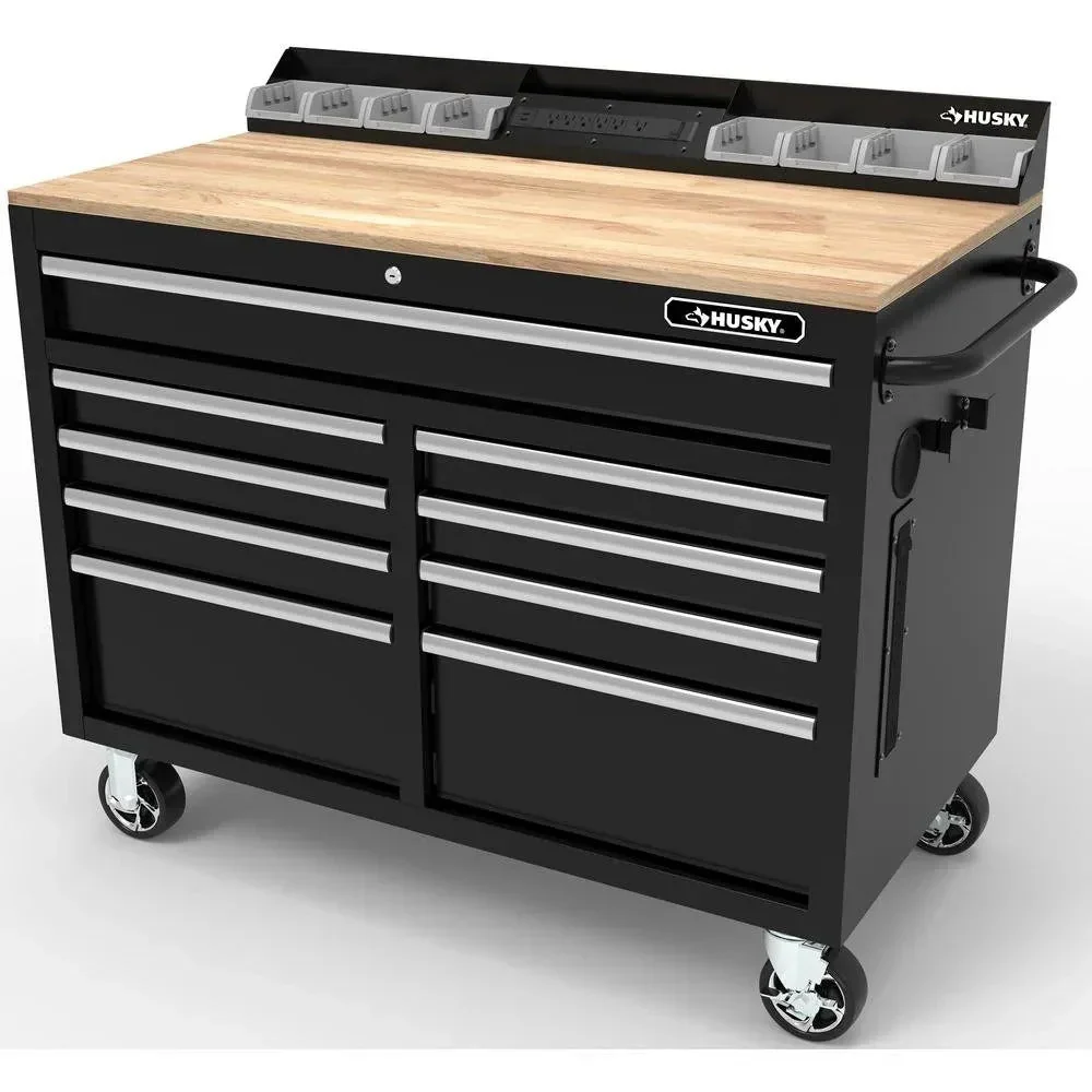 2026 NEW Mobile workbench with 9 drawers, hardwood top and power connection, 117 cm W x 62 cm D – high-gloss black