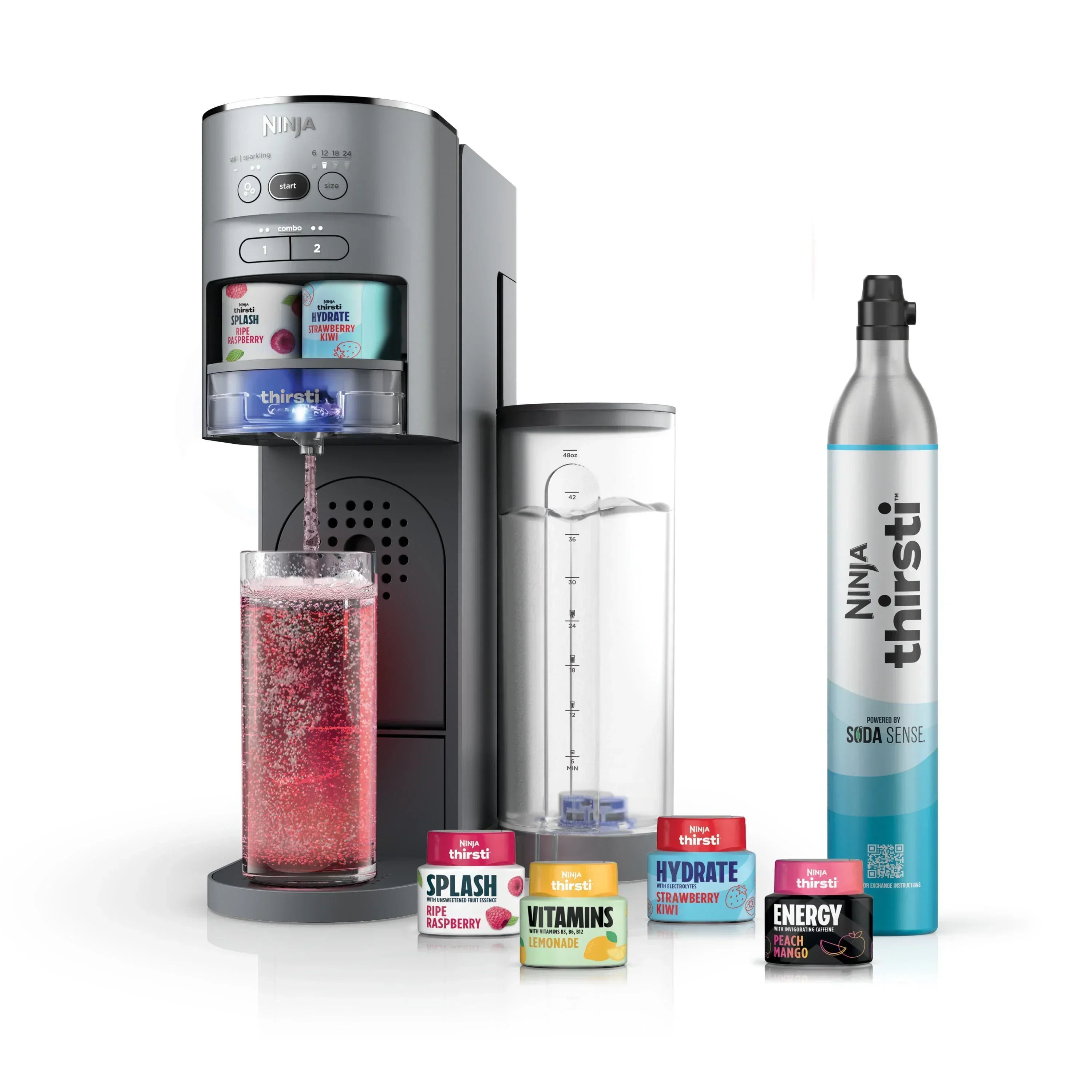 2026 NEW Ninja Thirsti Drink System Complete Still and Sparkling Customization Drink Kit with CO2 Canister, Flavors, and 48oz Reservoir