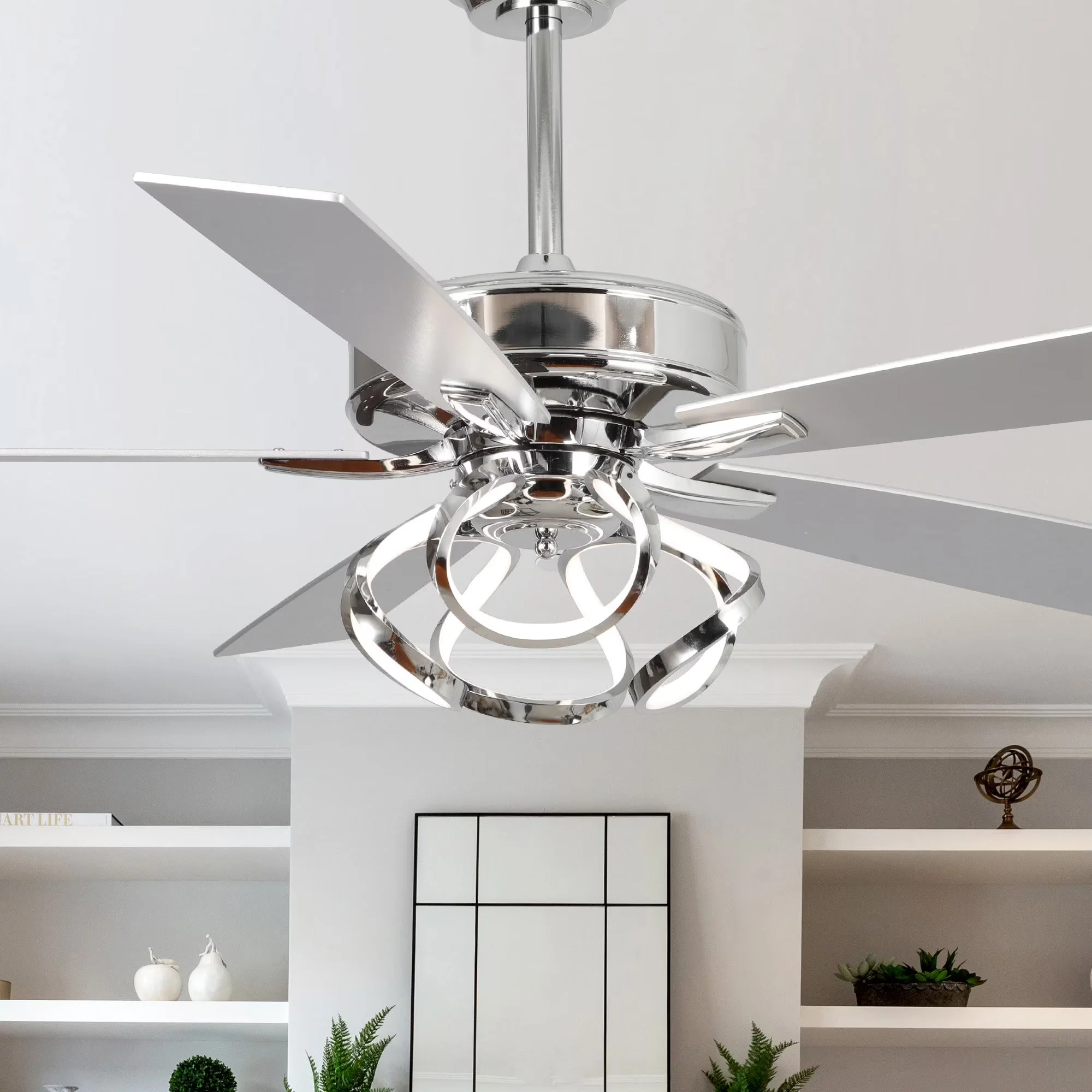 2026 NEW Parrot Uncle 52-Inch Contemporary Chrome Ceiling Fan with Integrated LED Lights and Remote Control