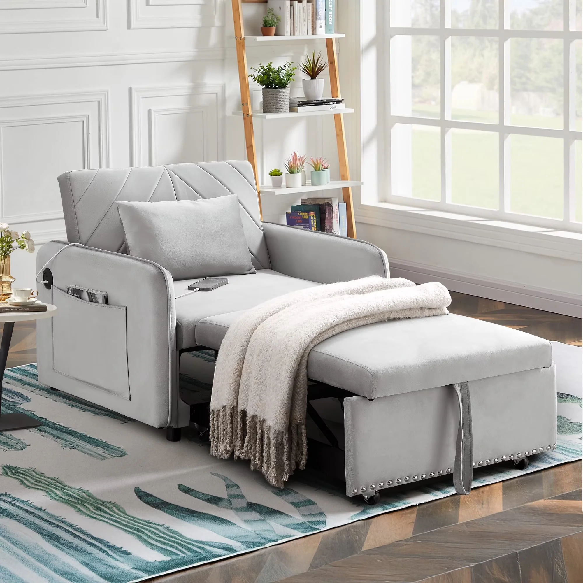 2026 NewLunale 3-in-1 Convertible Sleeper Chair Bed, Indoor Lounge Chair with USB/Type-C Charging Ports, Modern Recliner Sofa for Living Room, Gray Velvet
