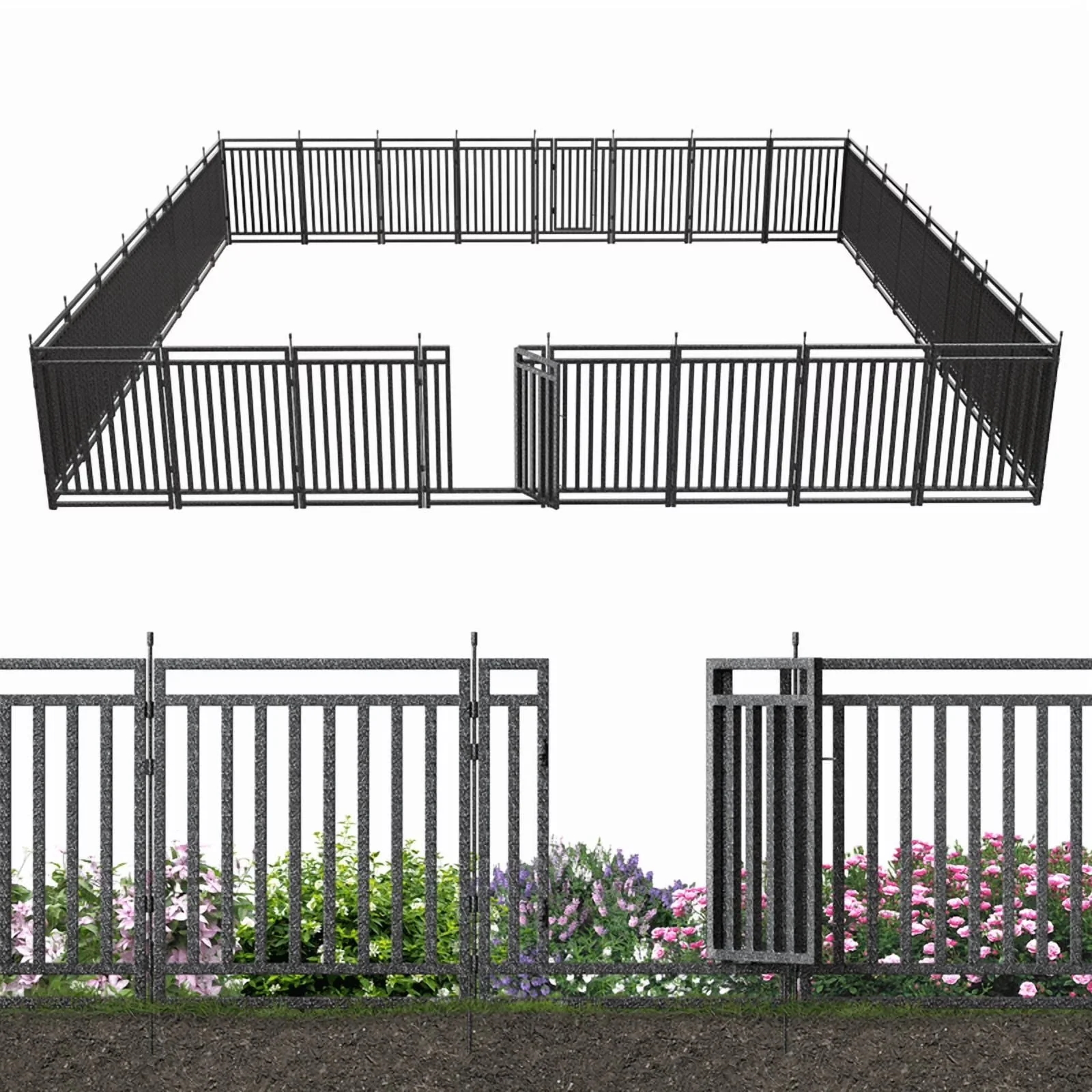 2026 NEW Petorldog Decorative Garden Fence, 72ft x 40in, 28 Panels + 4 Gates, No Dig Metal Dog Fence for Yard | Black-Silver
