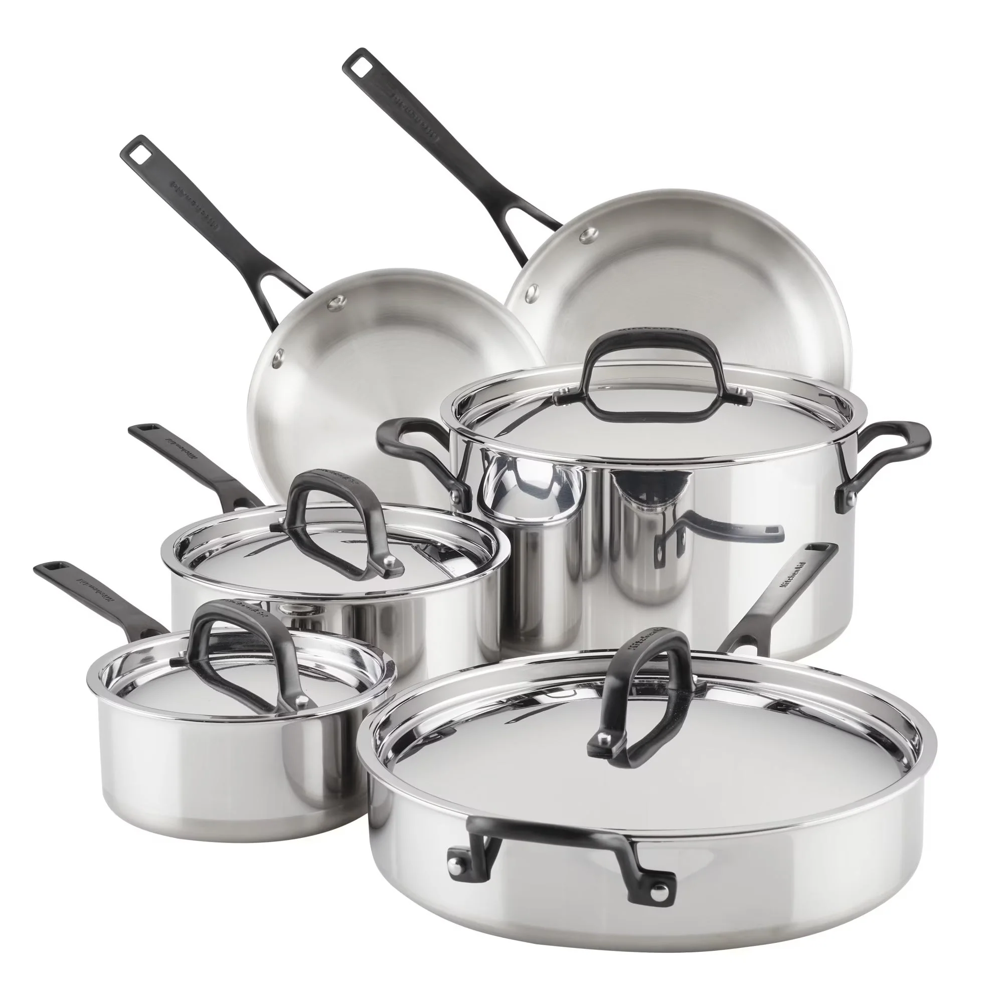 2026 NEW KitchenAid 5-Ply Clad 10 Pcs Stainless Steel Cookware Induction Pots and Pans Set, Dishwasher Safe, Metal Utensil, Broiler and Oven Safe to 500" F, Polished Stainless Steel