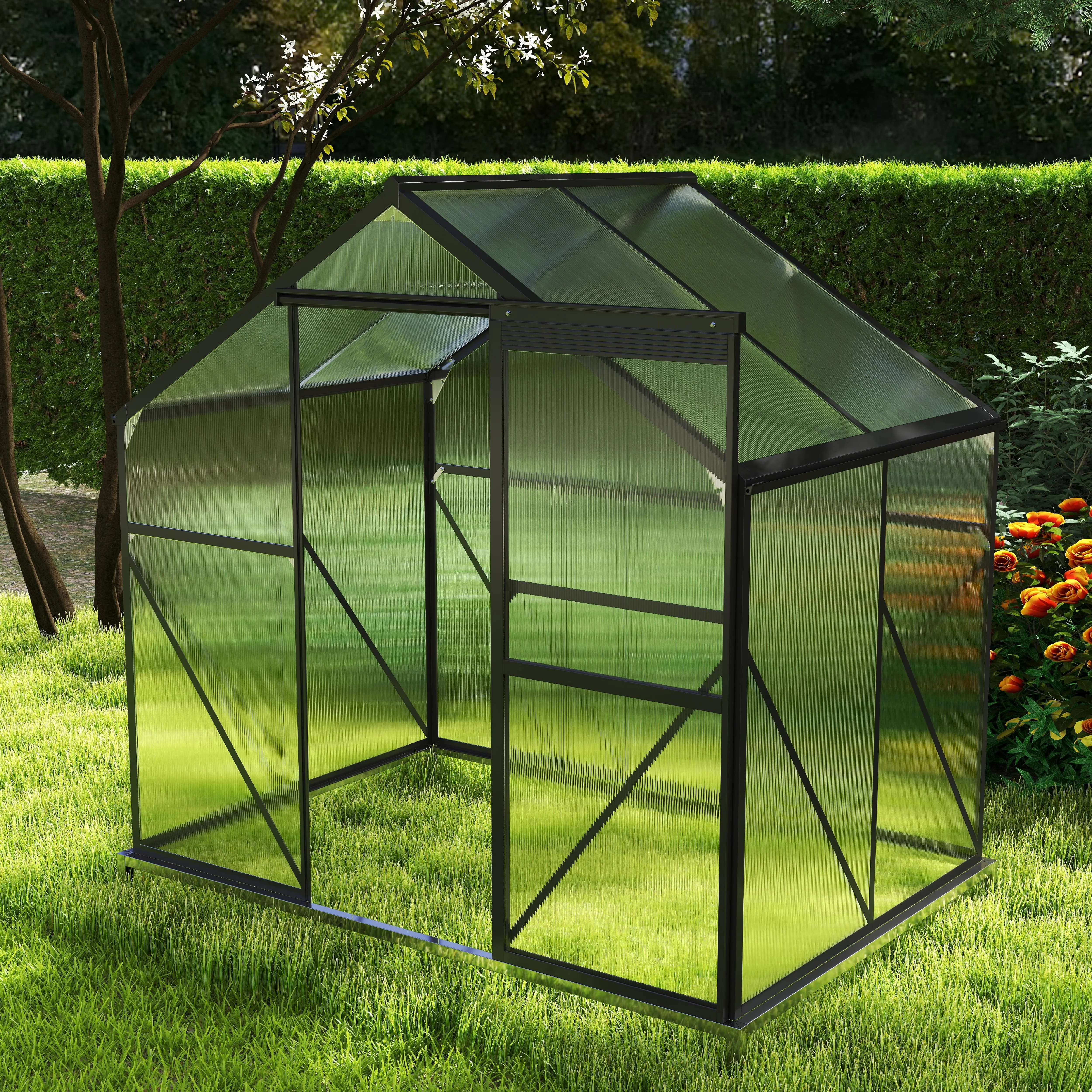 2026 NewAsofer 6' x 4' Greenhouse for Outdoors, Aluminum Walk-in Green Houses shed with Rain Gutter and Roof Vent for Backyard