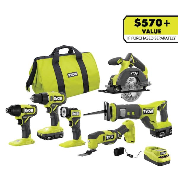 2026 NEW ONE+ 18V Cordless 6-Tool Combo Kit with 1.5 Ah Battery, 4.0 Ah Battery, and Charger