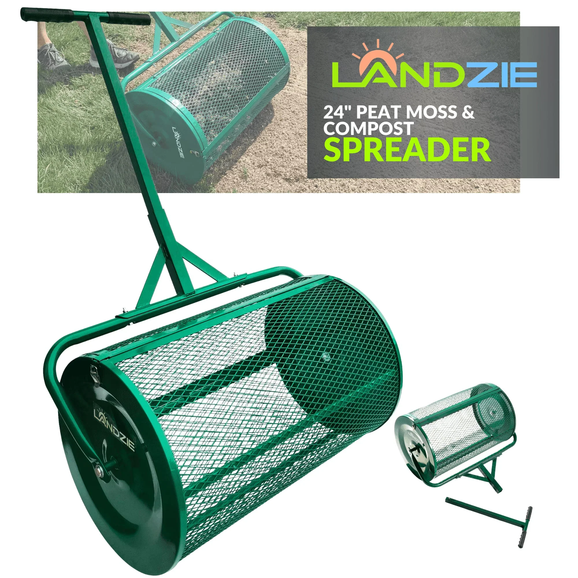 2026 NewLandzie Compost Spreader 24 Inch Walk-Behind Lawn & Garden Spreader with Metal Mesh Basket