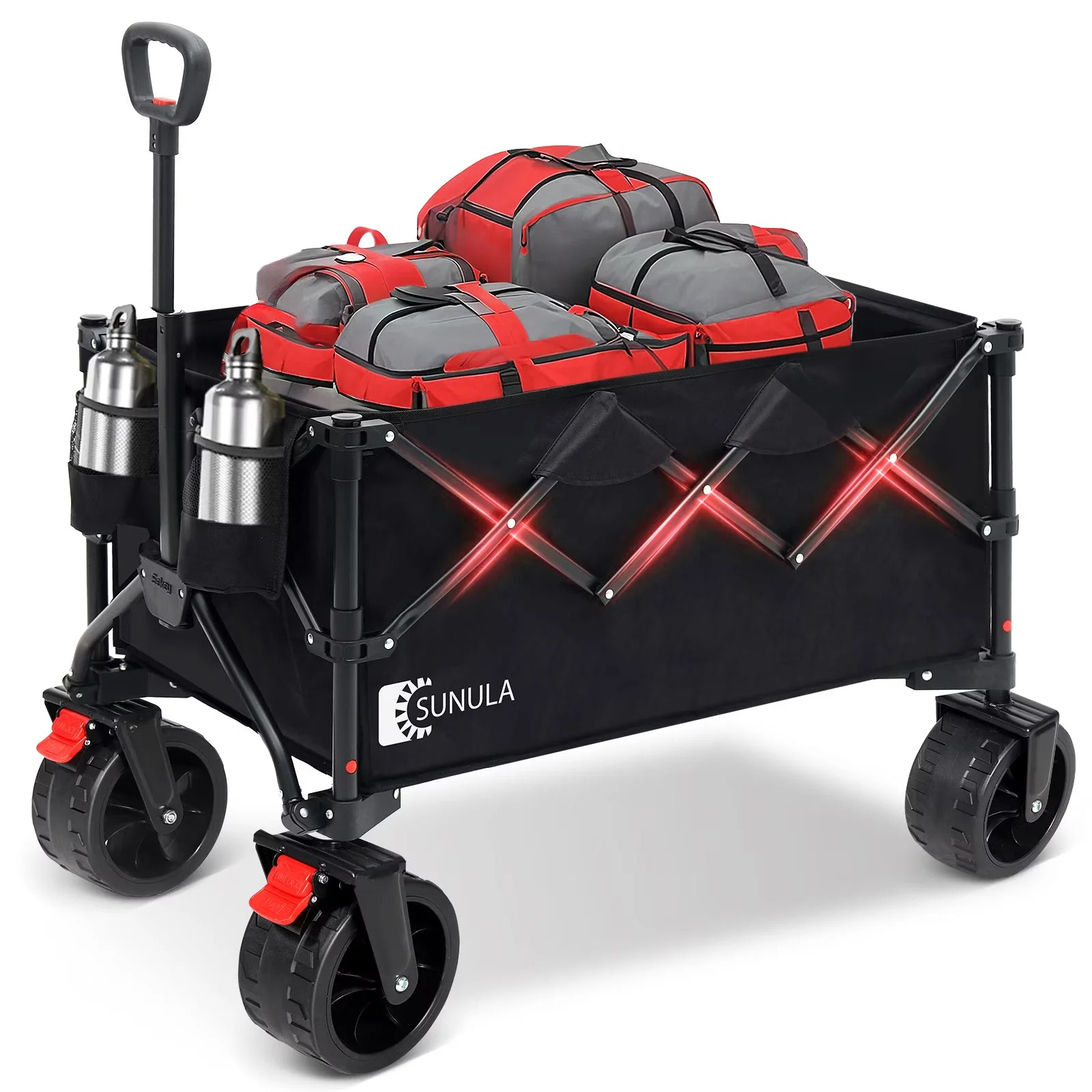 2026 NEW Sekey 330LBS Collapsible Wagon Cart, 220L Large Capacity Foldable Wagon, Heavy Duty Folding Utility Garden Cart with All-Terrain Wheels for Camp, Beach, Sport, Shop, Grocery (Black, 1-YEAR-WARRANTY)