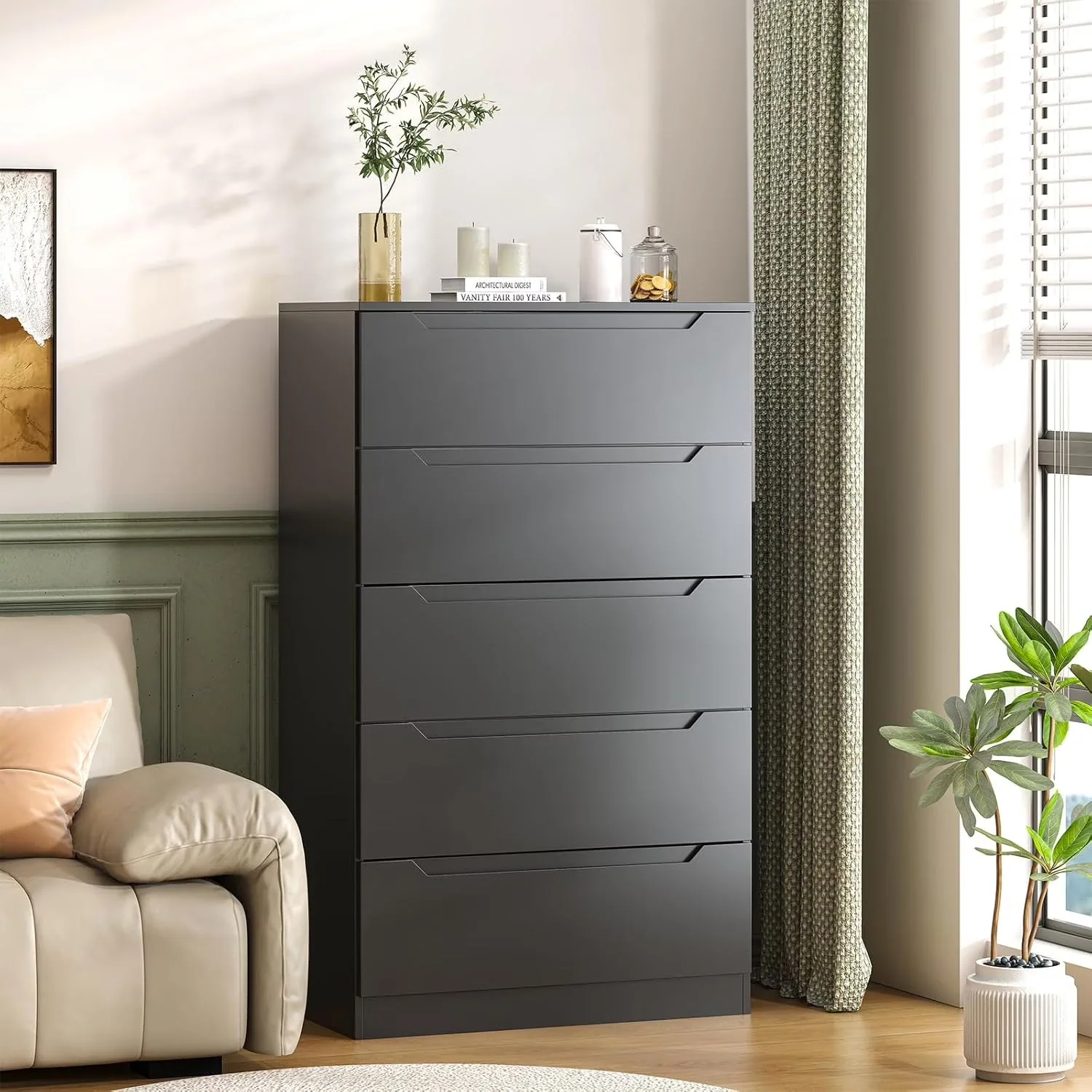 2026 NewWinkalon Vertical 5 Drawer Dresser, Wood Storage Cabinet with Upgraded Stable Base for Bedroom Living Room, Black