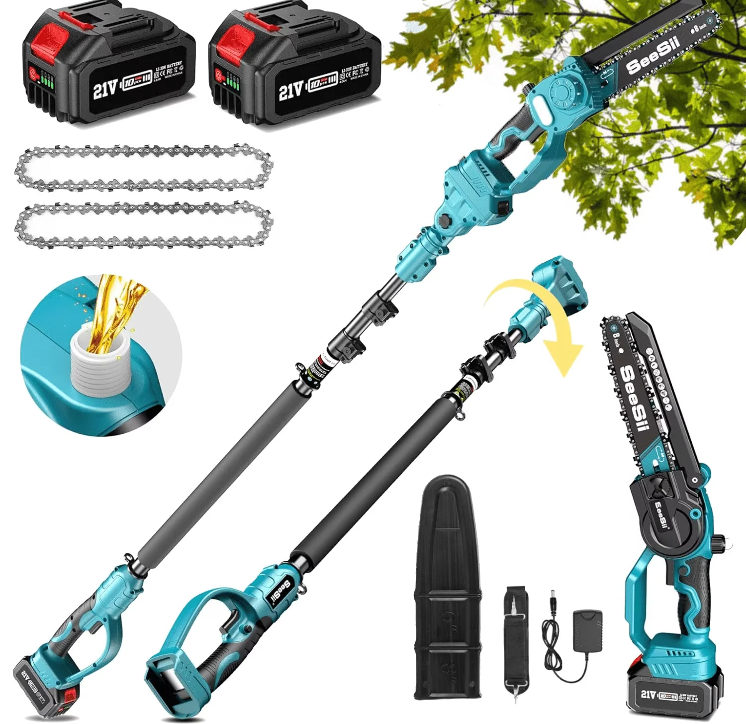 2026 NEW Seesii 2-in-1 Cordless Pole Saw, 8 Inch Brushless Mini Chainsaw with Extension Pole, 16ft Max Pole Saws with 2x 21V Batteries for Tree Trimming, Branches Pruning, Wood Cutting