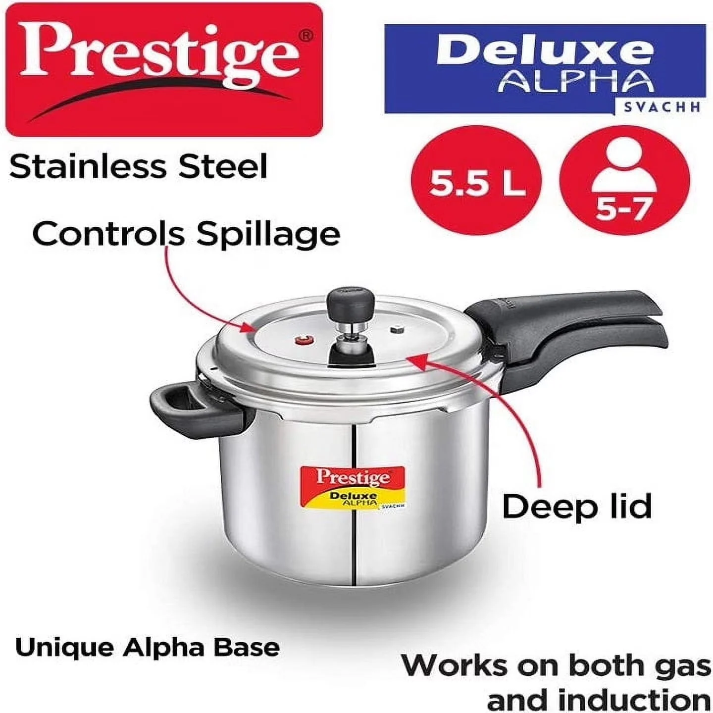 2026 NEW Prestige Deluxe Alpha Svachh 5.5L Stainless Steel Pressure Cooker