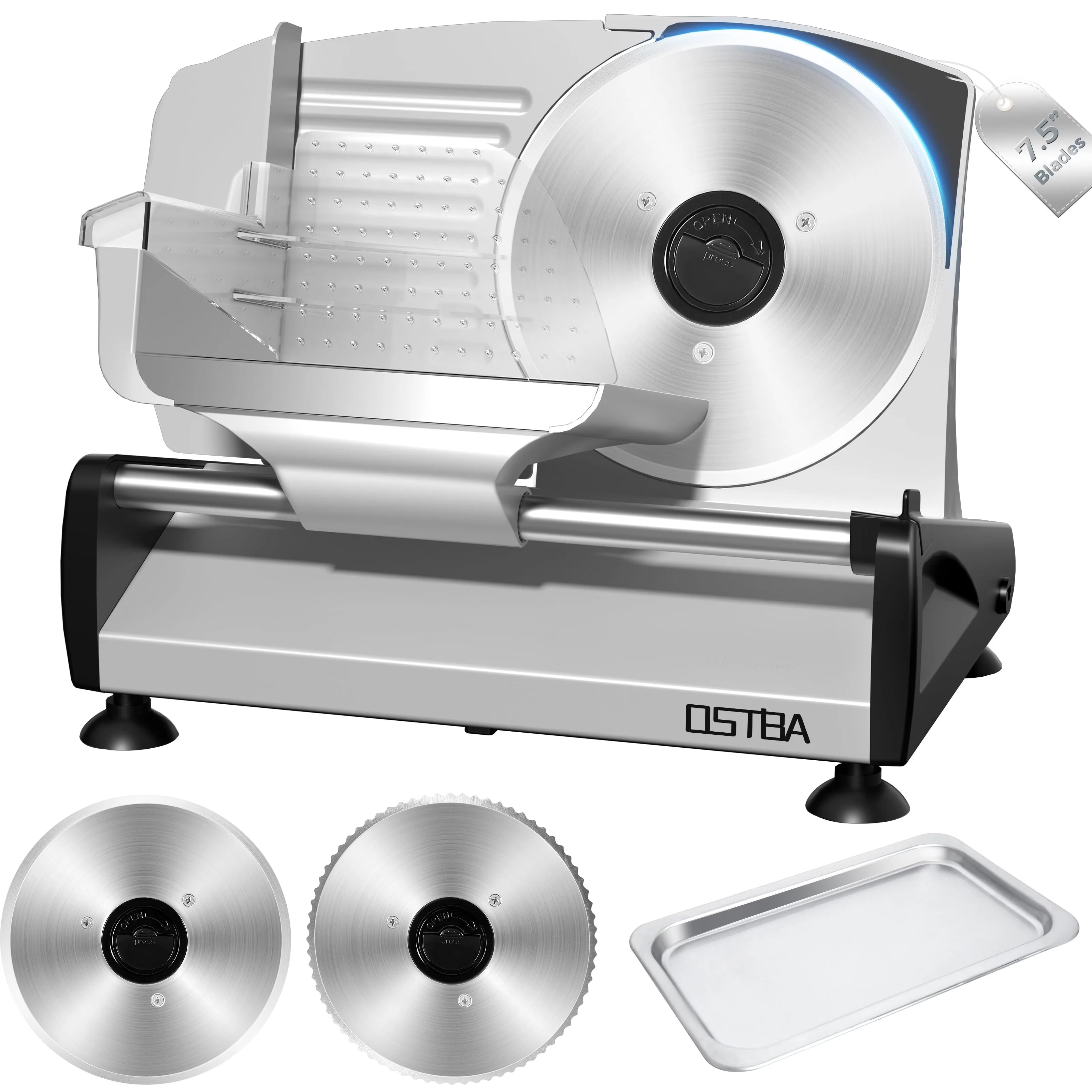 2026 NEW OSTBA Meat Slicer with Quiet DC Motor, 200W Electric Deli Slicer, Dual 7.5'' Stainless Steel Blades, 0-15mm Adjustable Thickness, Easy to Clean, Ideal for Meat, Cheese, Bread, and Vegetables