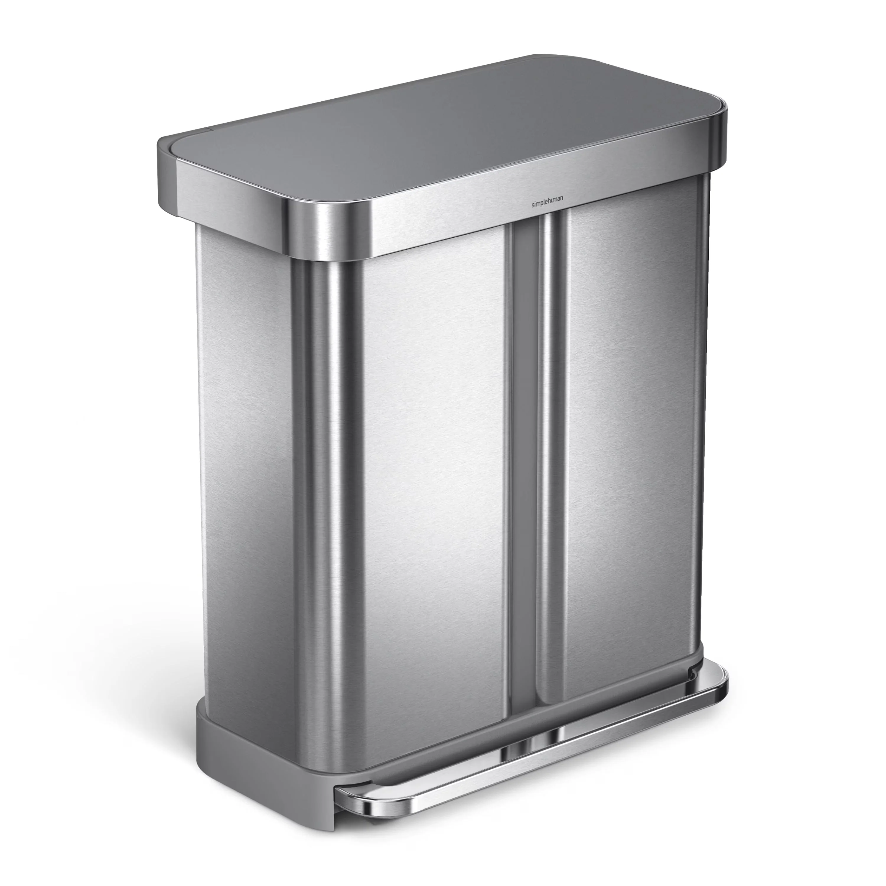 2026 Newsimplehuman 58 Liter / 15.3 Gallon Rectangular Dual Compartment Recycling Step, Brushed Stainless Steel with Soft-Close Plastic Lid Kitchen Trash Can