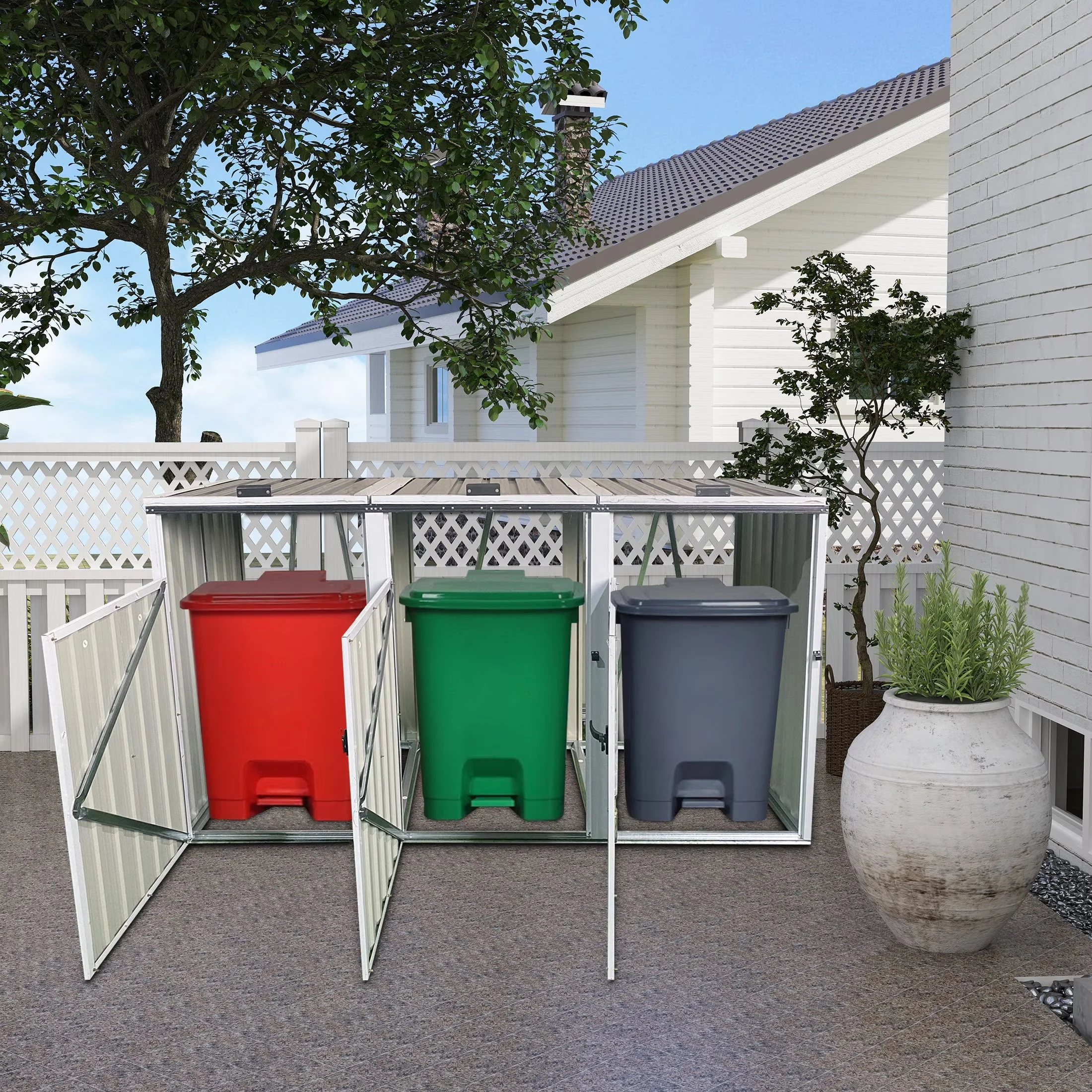 2026 NewAukfa 7.3' W Outdoor Garbage Bin Storage, Metal Storage Shed for 3 Trash Cans Tools, Waterproof Trash Can Storage