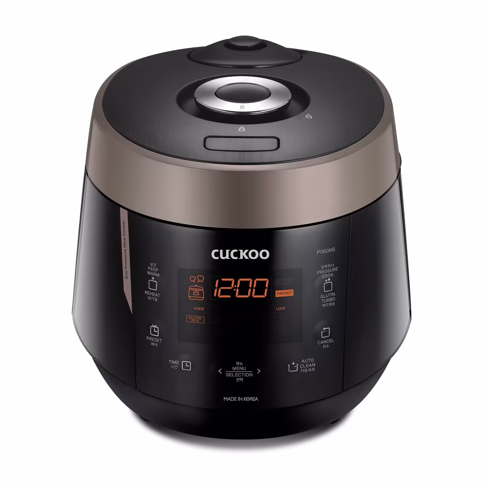 CUCKOO CRP-P0609S 6-Cup (Uncooked) / 12-Cup (Cooked) High Pressure Rice Cooker & Warmer with Nonstick Inner Pot, 12 Menu Options, Fuzzy Logic Tech, 3 Voice Guide, Auto Clean (Black/Copper)