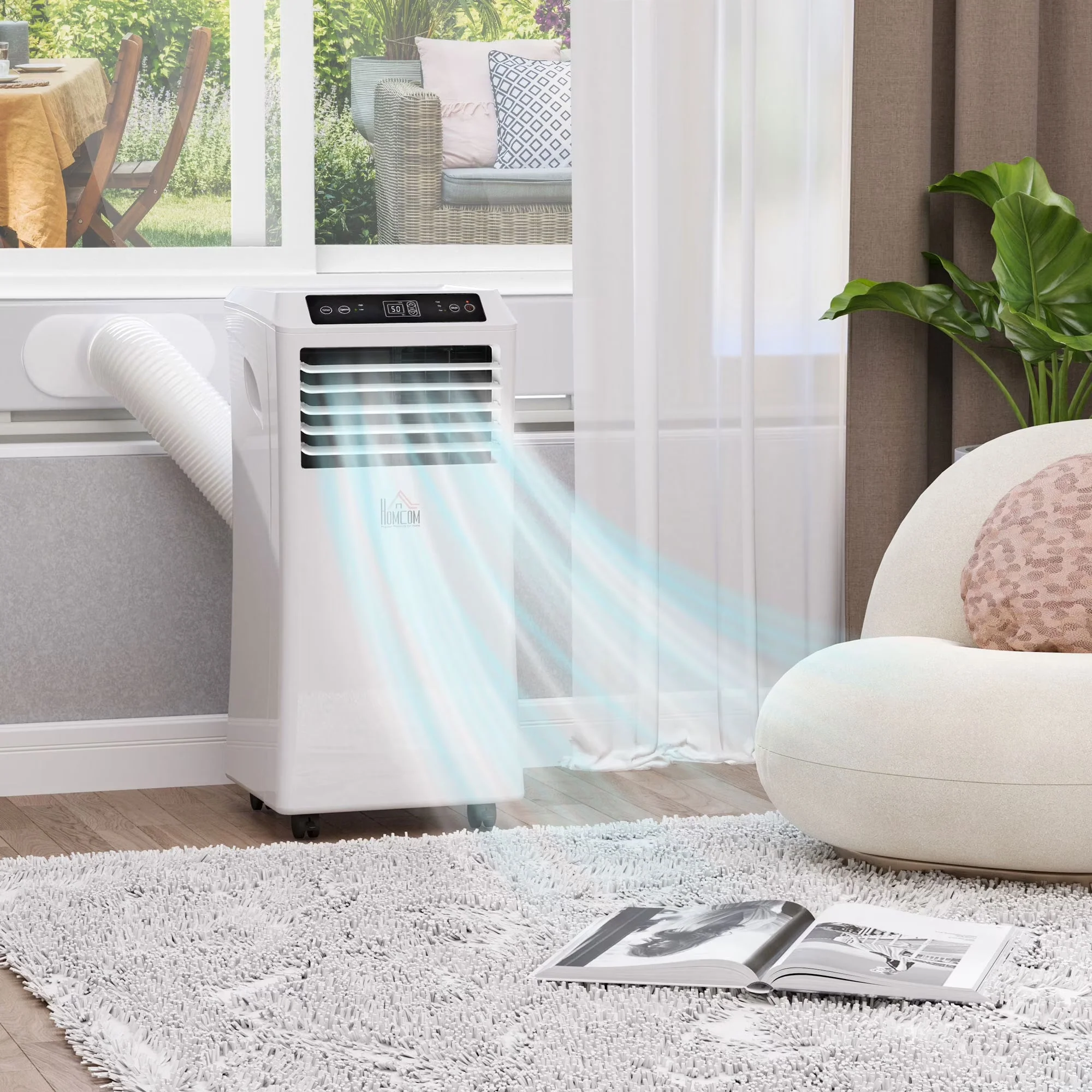 2026 NewHOMCOM 8000 BTU Mobile Portable Air Conditioner with Cooling, Dehumidifier, and Ventilating with Remote Control, 2 Speed Fans, 24-Hour Timer for Bedroom, Living Room, Home Office, White