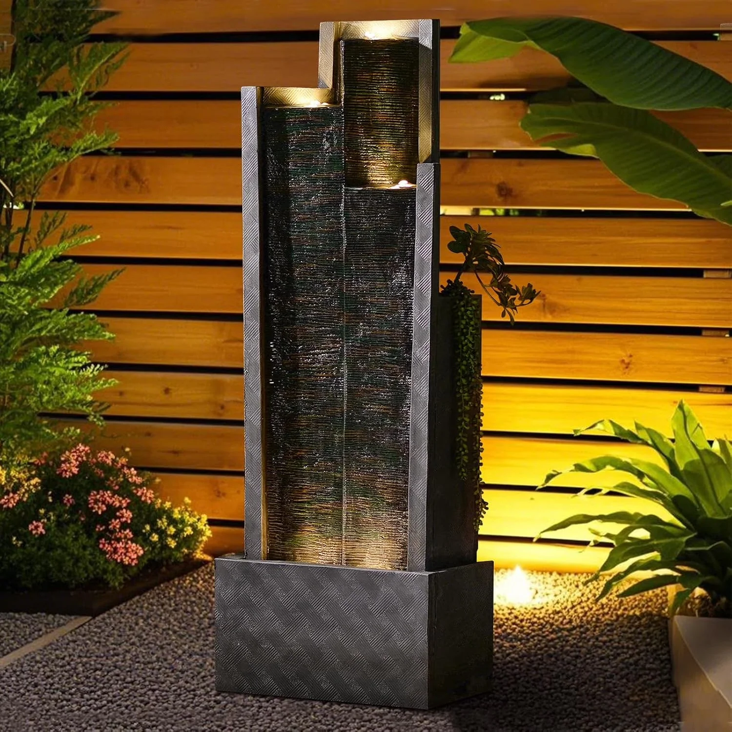 2026 NEW Outdoor Modern Waterfall Fountain Water Fall Fountains with LED Lights for Garden, Patio, Backyard, Deck, Porch and Home Decor