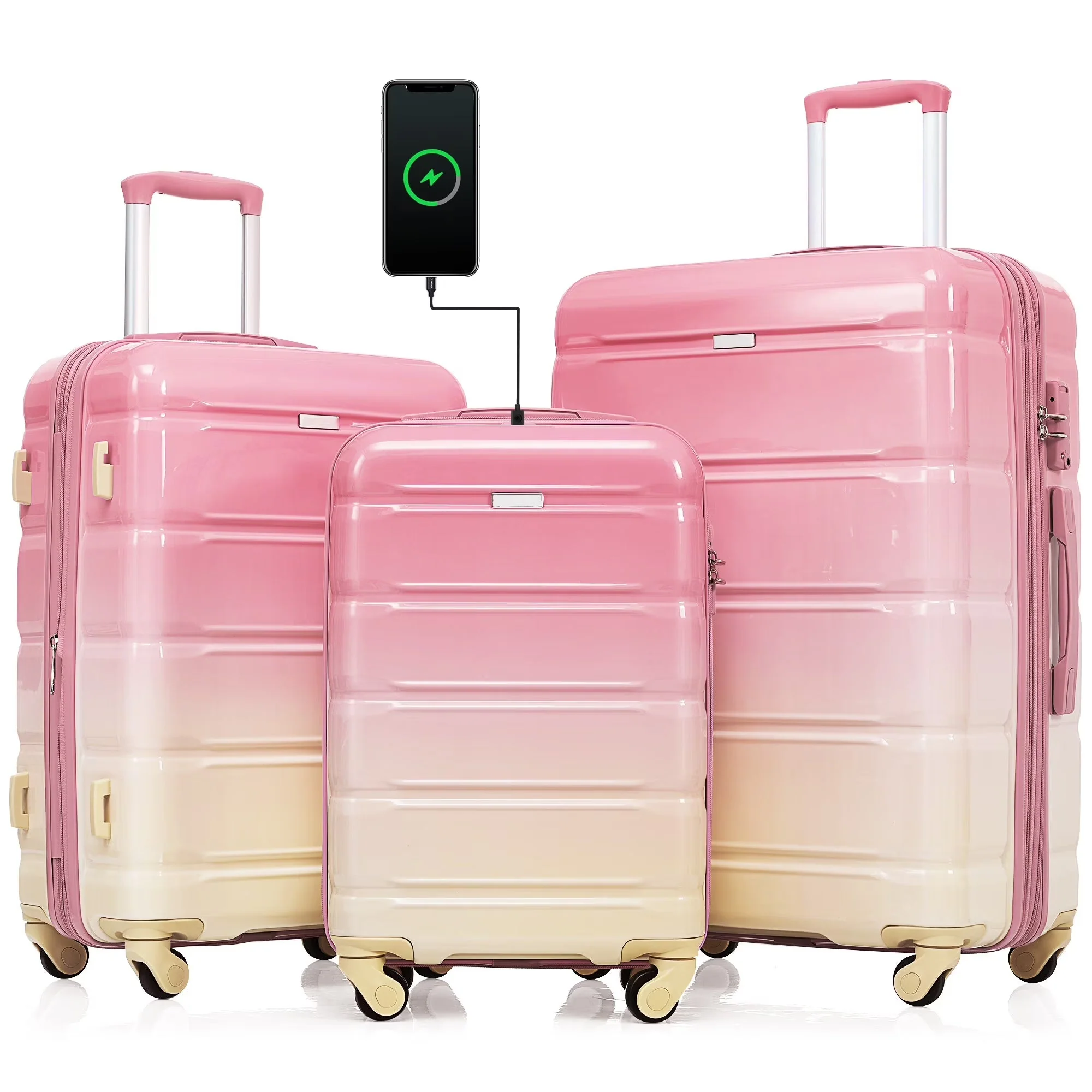 2026 NEW PAPROOS 3-Piece Luggage Set (20''/24''/28''), Hardshell Lightweight Suitcase with USB Port and Side Hooks, Travel Luggage with TSA-Lock, Hardside Rolling Luggage for School, Travel, Pink