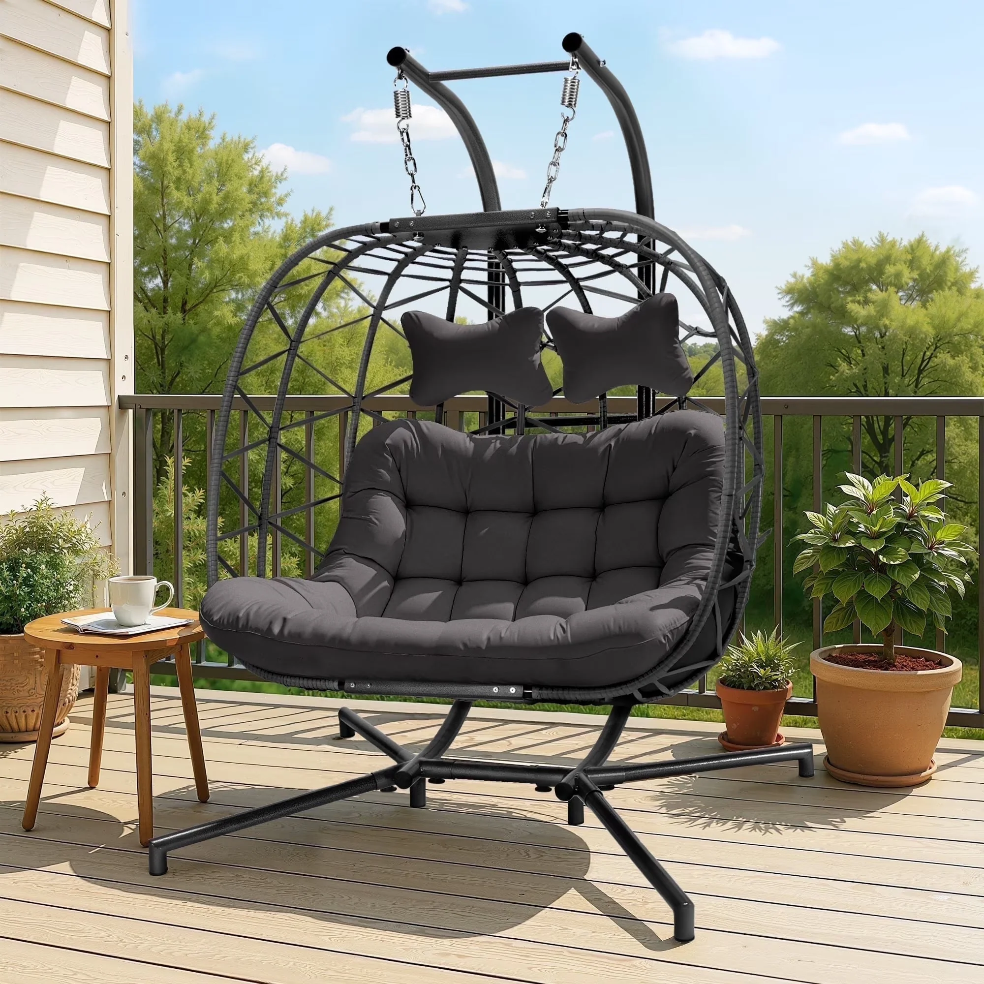 2026 NewRADIATA Double Wicker Egg Swing Chair with Stand, 2-Person Hanging Egg Chair for Indoor/Outdoor, 700lbs Capacity, Thick Cushions & Headrest,Sturdy Metal Frame"Dark Gray