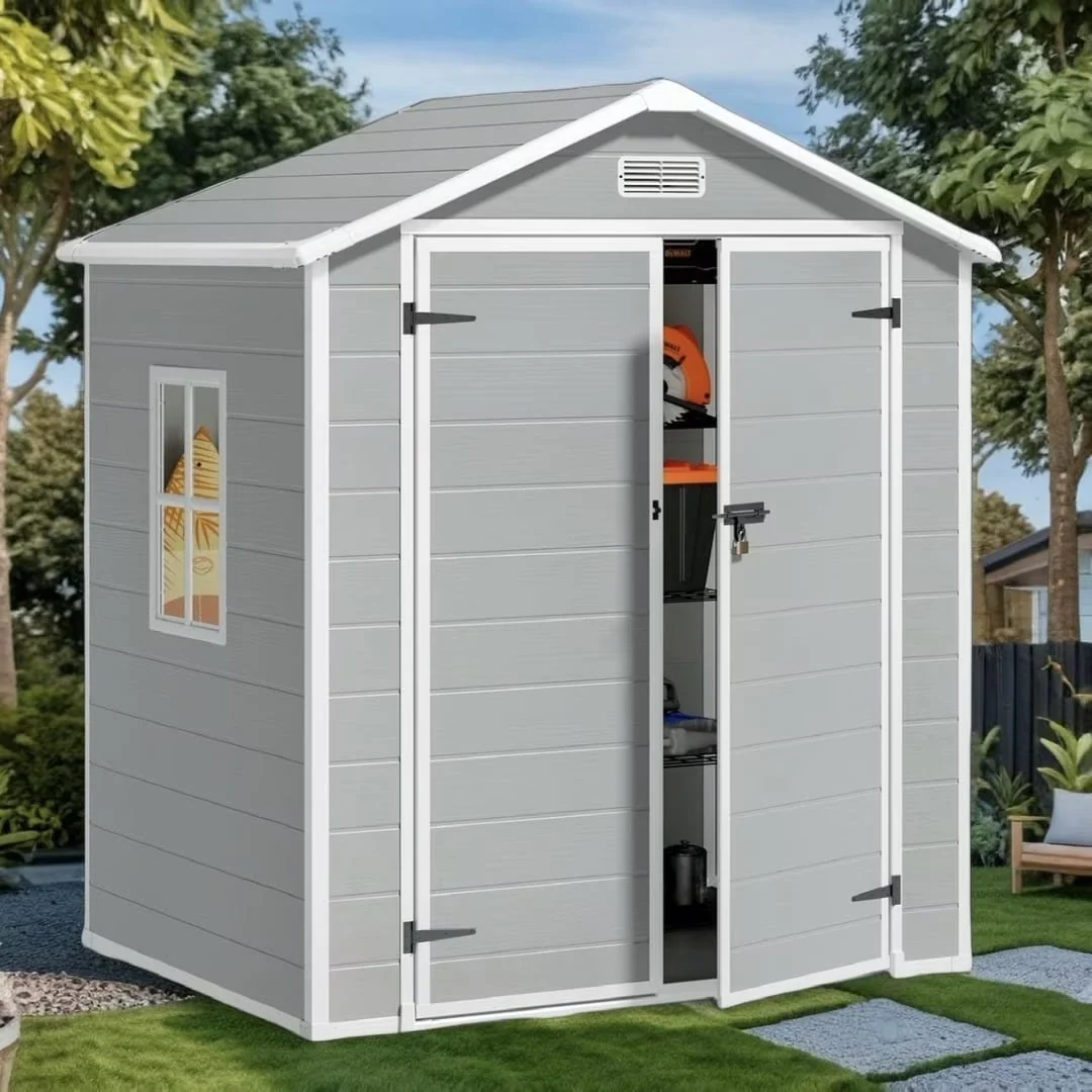 2026 New6x4 FT Resin Storage Shed, Lofka Plastic Outdoor Shed with Heavy Duty Floors, 135.6 cu ft, Colorfast, Side Window, Double Lockable Doors for Garden Backyard