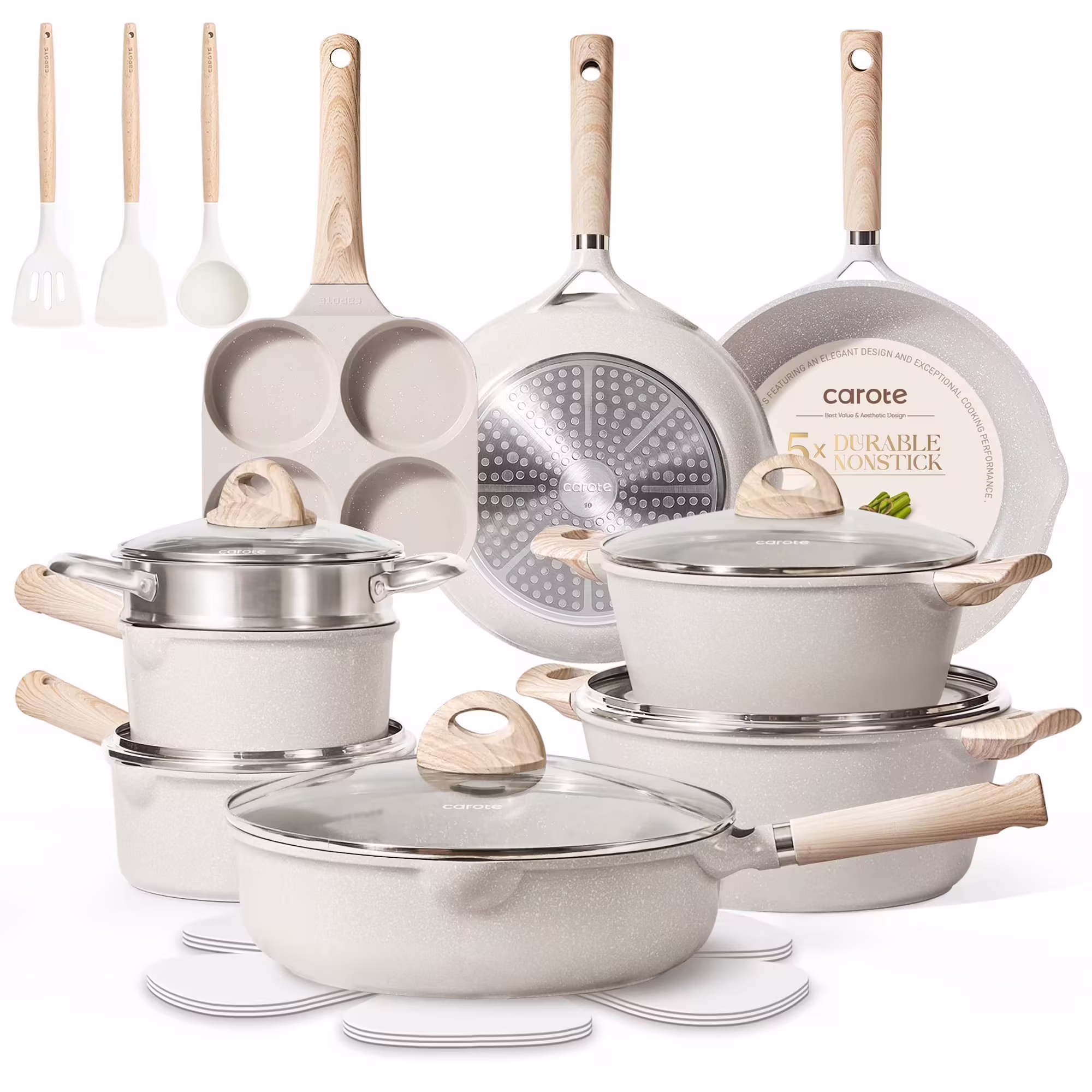 Carote Nonstick Cookware Set 21-Piece,Kitchen Pots and Pans Set,Stay-Cool Handles, Induction Compatible,Cookware Set for RV and Camping,Beige