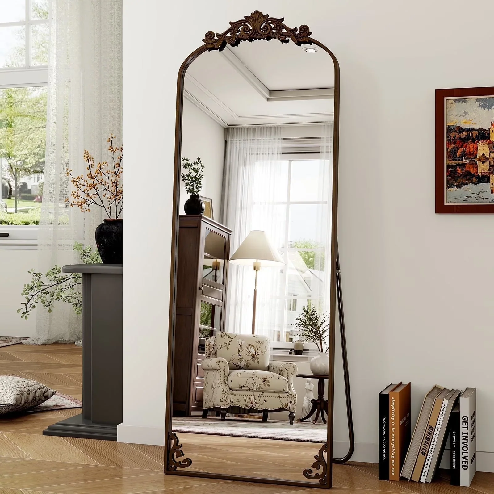 2026 NEW BEAUTYPEAK 66"x21" Arched Full Length Mirror Metal Vintage Mirror Baroque Style,Antique Bronze