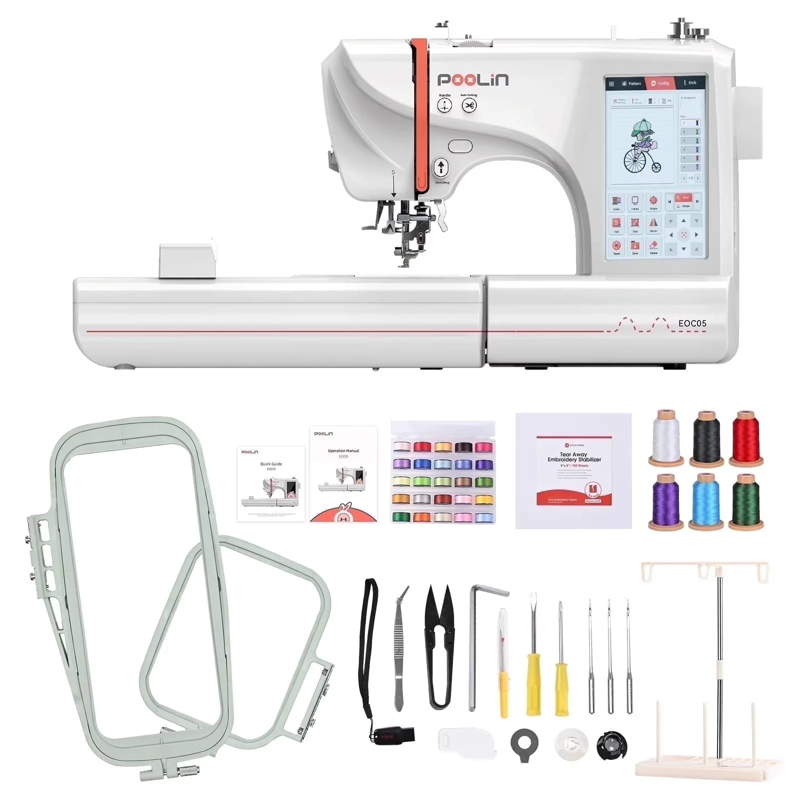 2026 NEW Poolin EOC05 Embroidery Machine 4x9.25" Area, 7" Touch Screen with kit