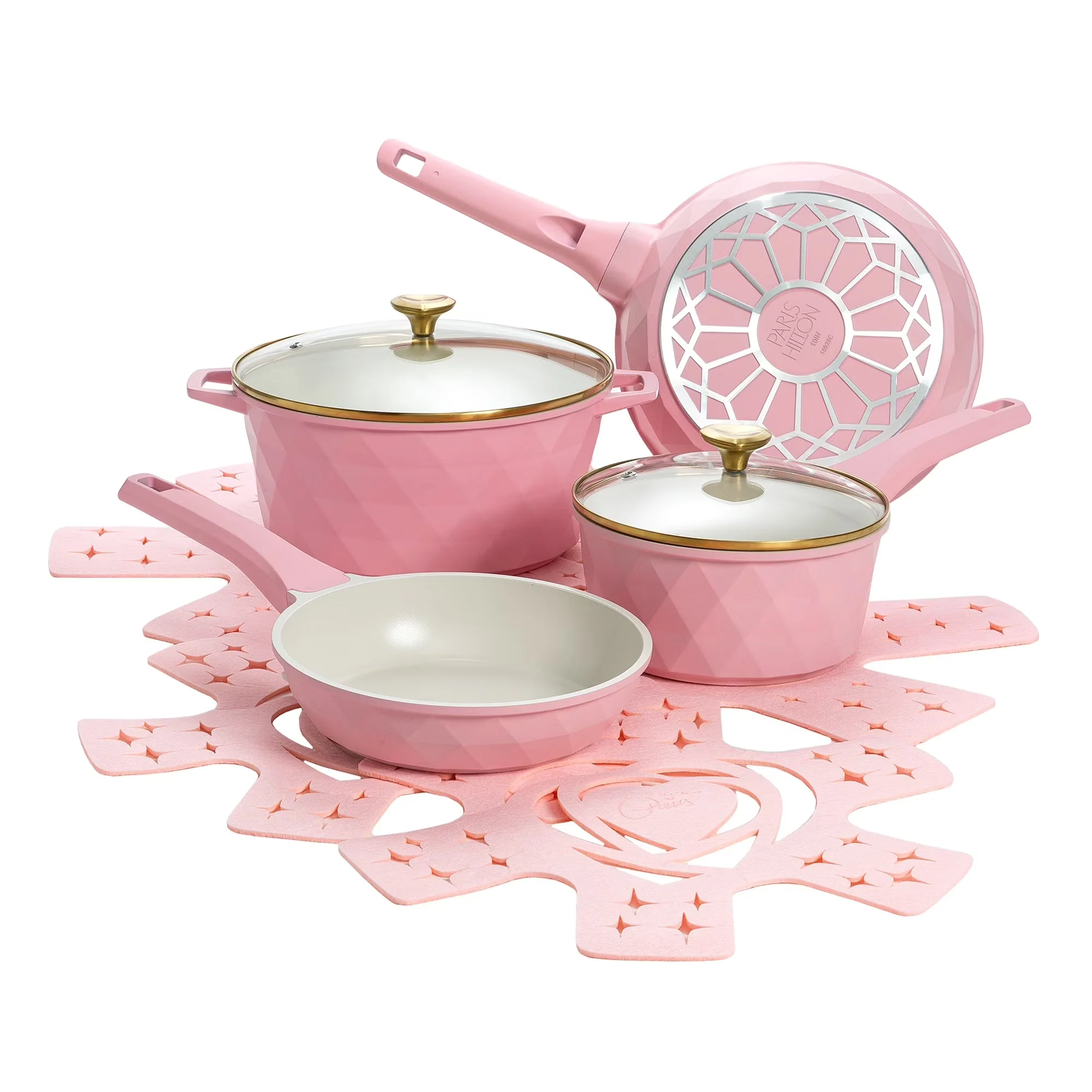 2026 NEW Paris Hilton 10-Piece Ceramic Nonstick Cast Aluminum Cookware Set, Clean Ceramic Coating, Faceted Pink Design