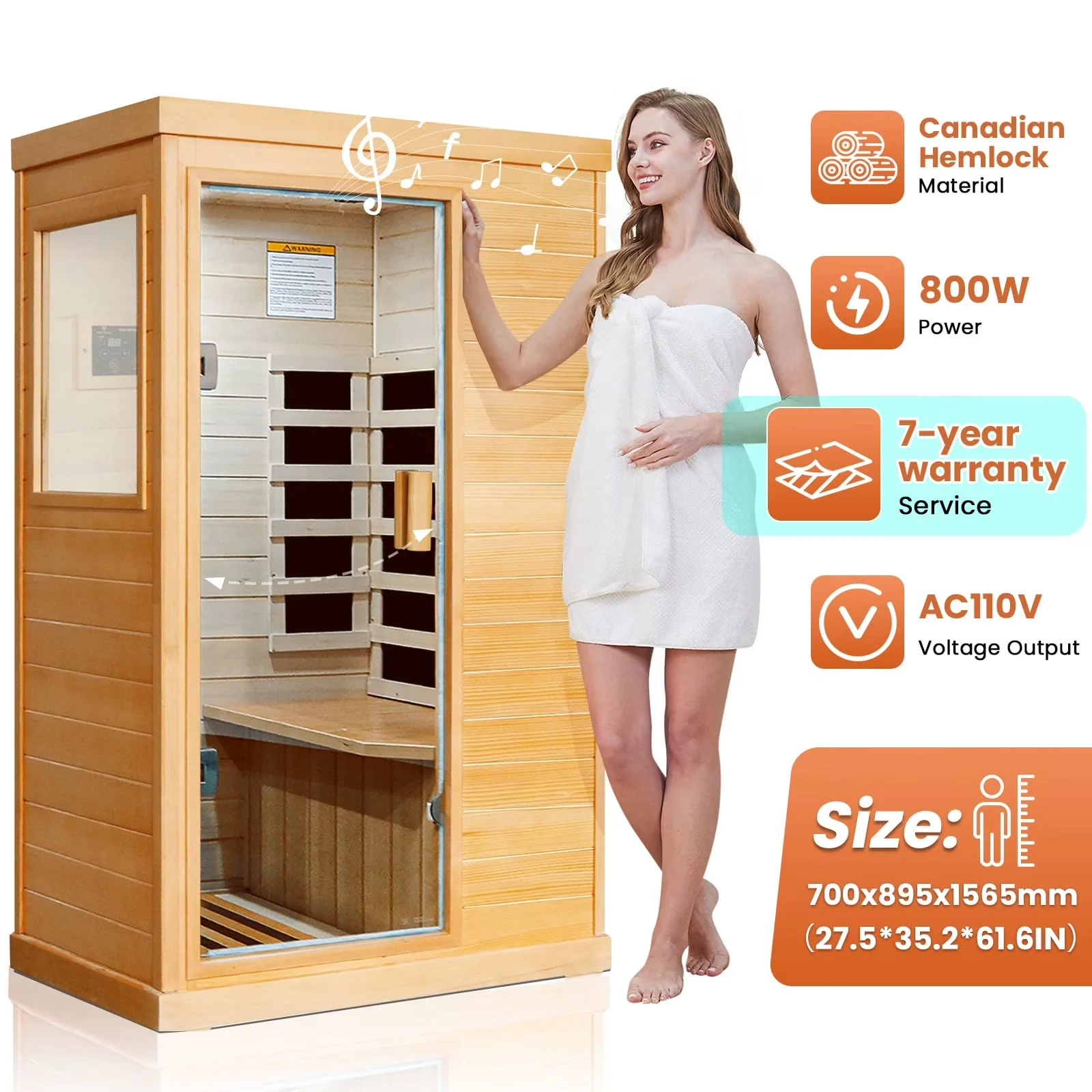 2026 NEW OUTEXER 800W Far Infrared Sauna with Carbon Heaters, Canadian Hemlock Wood, Indoor Use