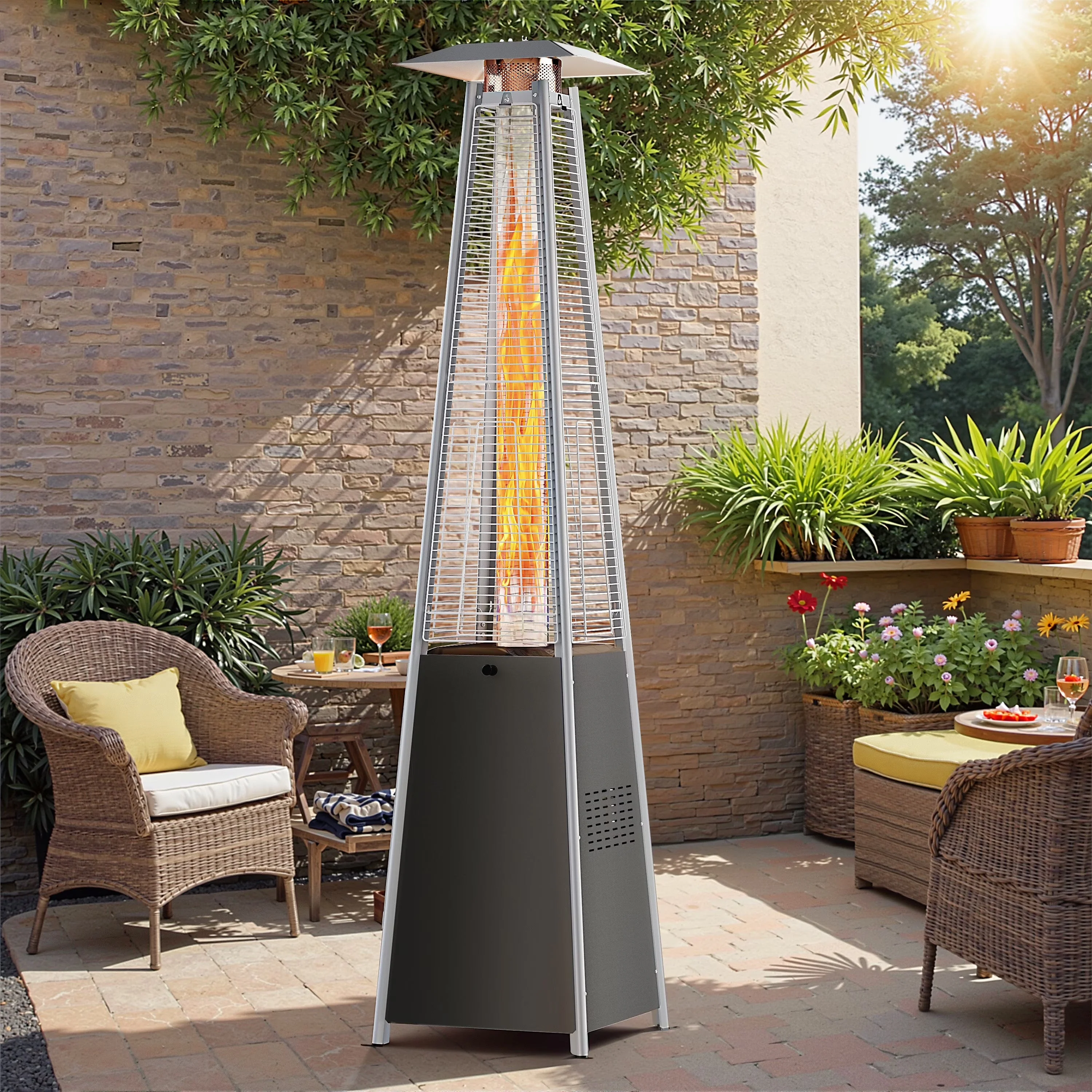 2026 NEW Segmart 48,000 BTU Pyramid Patio Heater, Tall Standing Outdoor Propane Heater with Wheels & Tip-Over Safety Protection, Visible Flame Glass Tube for Backyard, Garden, Commercial Use - Gray