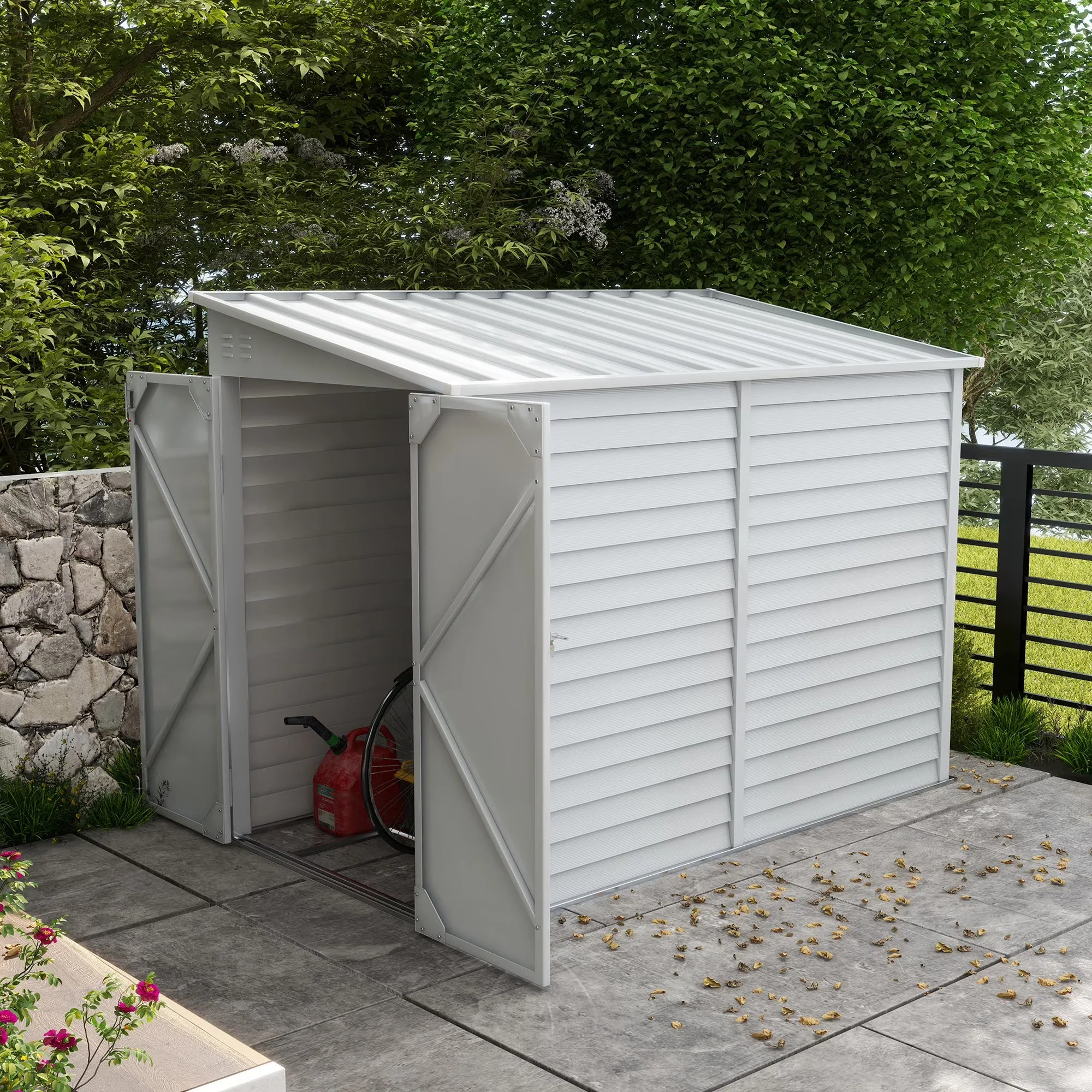 2026 NEW Outsunny 4.6' x 9' Metal Outdoor Storage Shed, Garden Utility Tool House with Double Lockable Doors for Backyard, Patio, Lawn, Garage, White