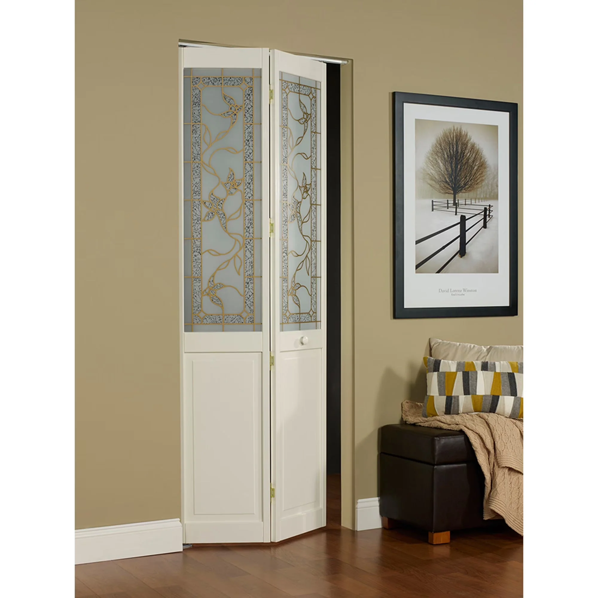 2026 NewLTL Home Products Pinecroft Tuscany Decorative Glass/Raised Panel Interior Bifold Solid Pine Wood Door, 24" x 80", Unfinished Pine 24x80 Inch