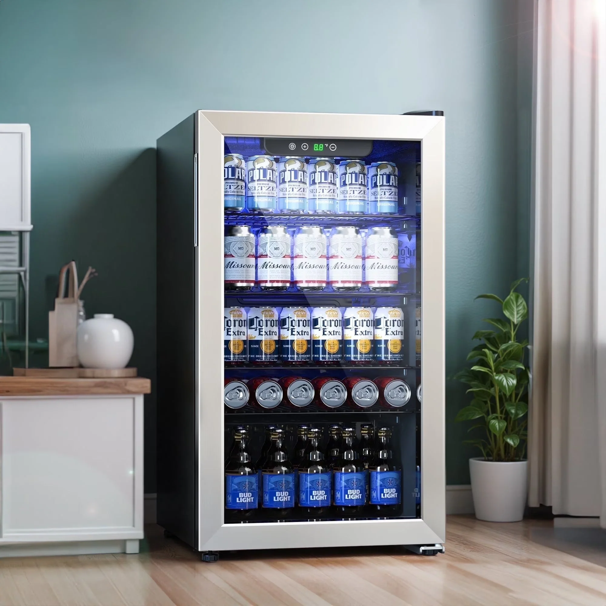 2026 NEW Qunler 130 Can Beverage Cooler Refrigerator with Glass Door for Beer Soda Water, Drink Fridge for Home Bar, Silver