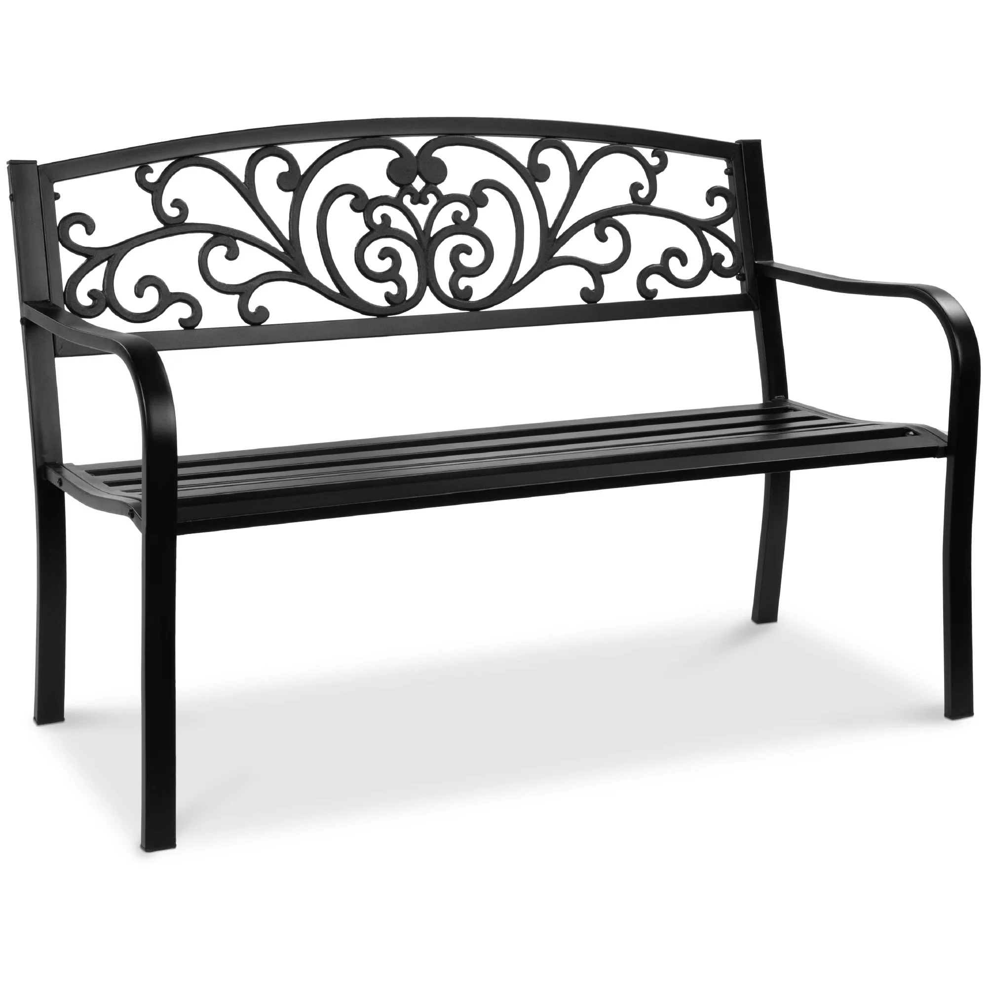 2026 NewBest Choice Products Outdoor Steel Bench Garden Patio Porch Furniture w/ Floral Design Backrest - Black