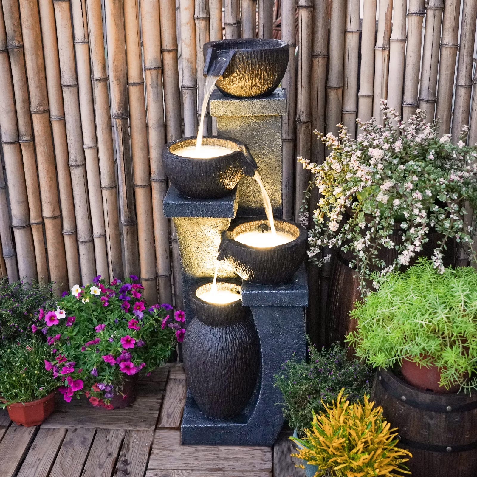 2026 New37.4" H Outdoor Water Fountain with 4 Crocks, Modern LED Lighted Garden Floor Fountain for Patios and Yards �C Durable Resin Water Feature with Cascading Waterfall Design for Indoor/Outdoor D"cor