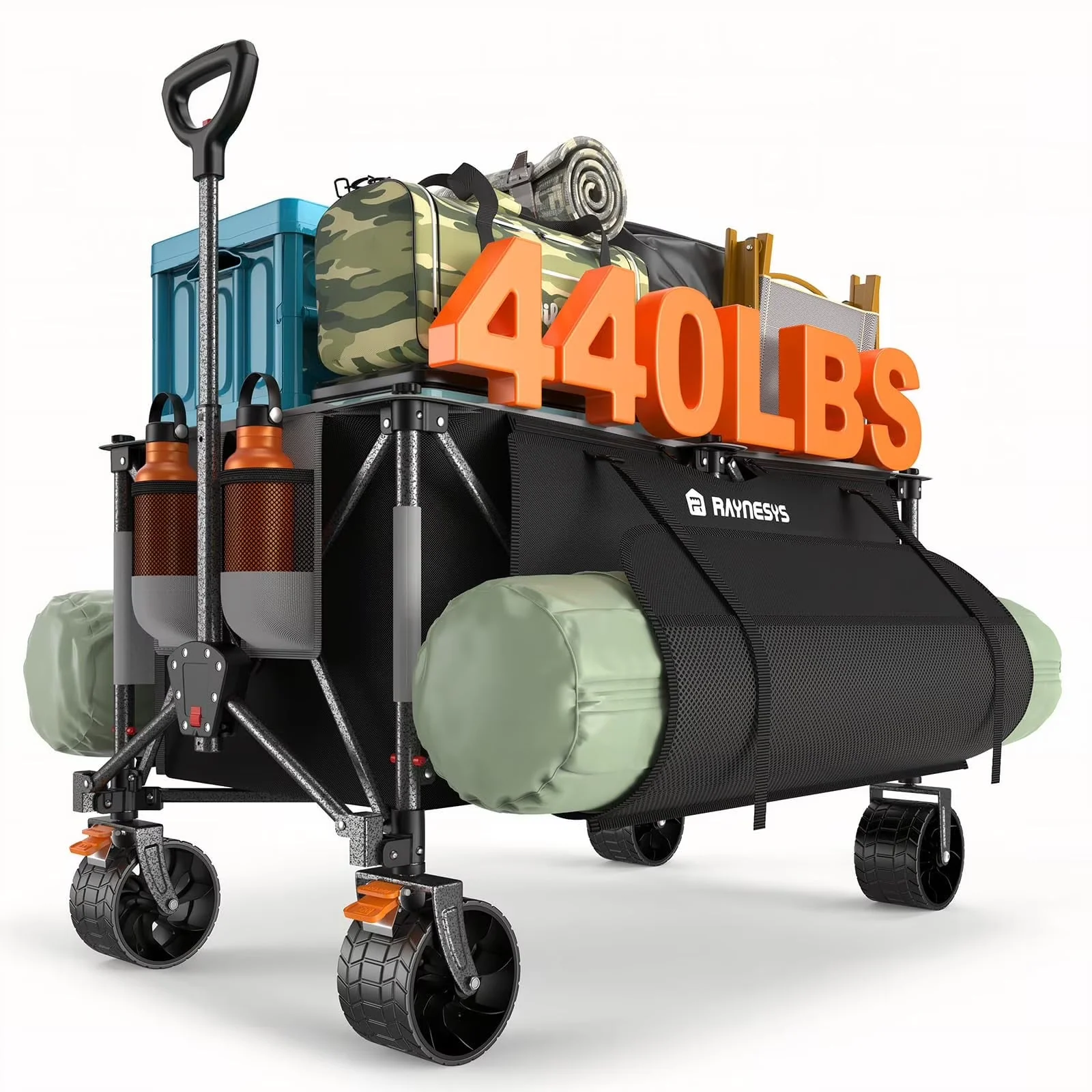 2026 NEW Raynesys 300L Foldable Wagon Cart with Wheels, 440lbs Heavy Duty Beach Wagon for Sand Sports Camping Grocery, Black & Gray