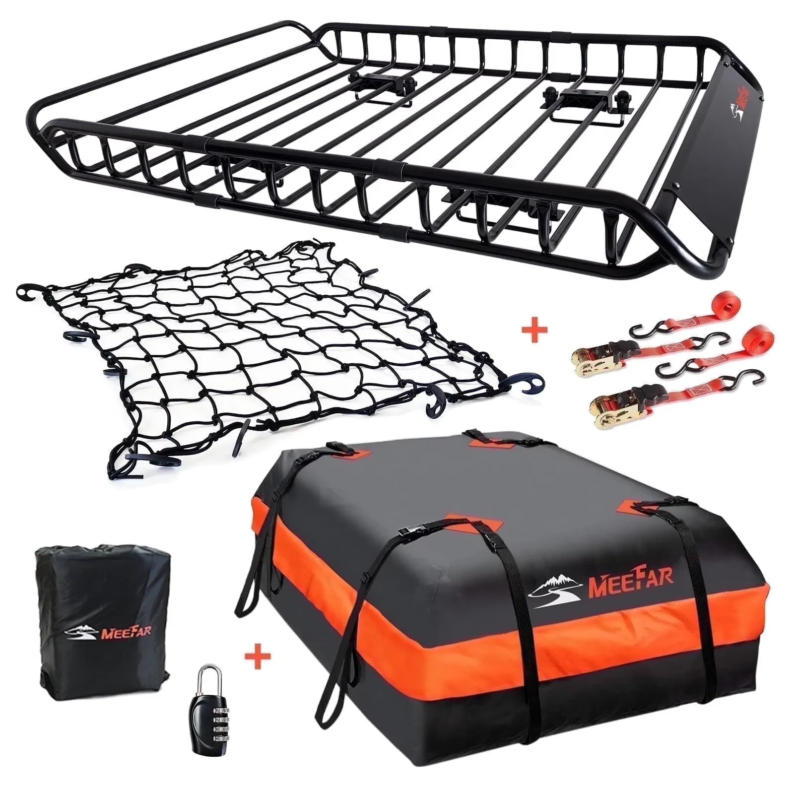 2026 NEW MeeFar Universal Rooftop Roof Rack Steel Cargo Carrier Basket Size 51" X 36" X 5" + Soft Shell Waterproof Cargo Bag 15 Cu.ft (44" 34" 17") Combo