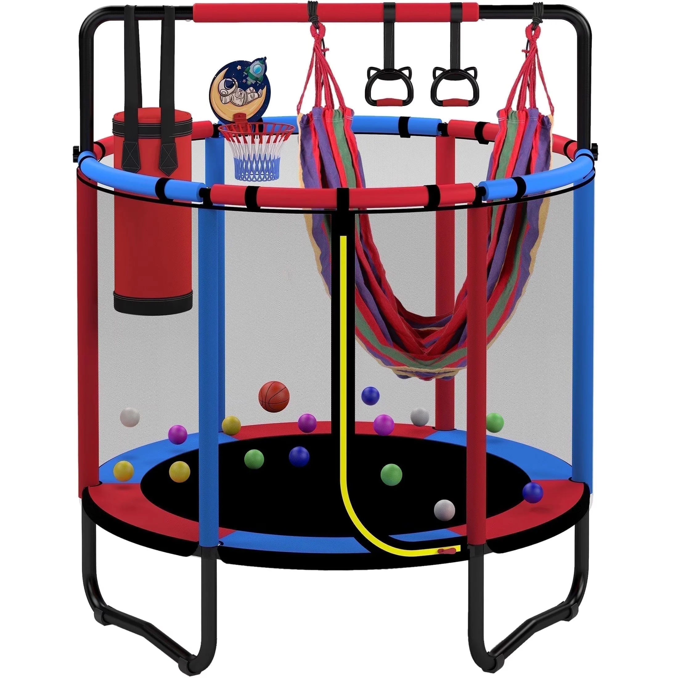 2026 NEW Mini Round Trampoline for Kids with Basketball Hoop, SEGMART 55'' Indoor Outdoor Toddler Trampoline with Enclosure Net, Swing, Sandbag, Ring, Ocean Balls, Small Trampoline Gift for Boys Girls, Blue