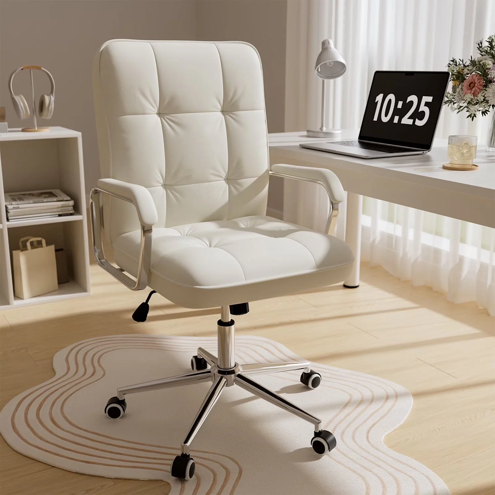 2026 NewSolfway White Office Chair, Swivel Leather Computer Desk Chair with Wheels and Padded Arms, Executive Office Chair for Adults