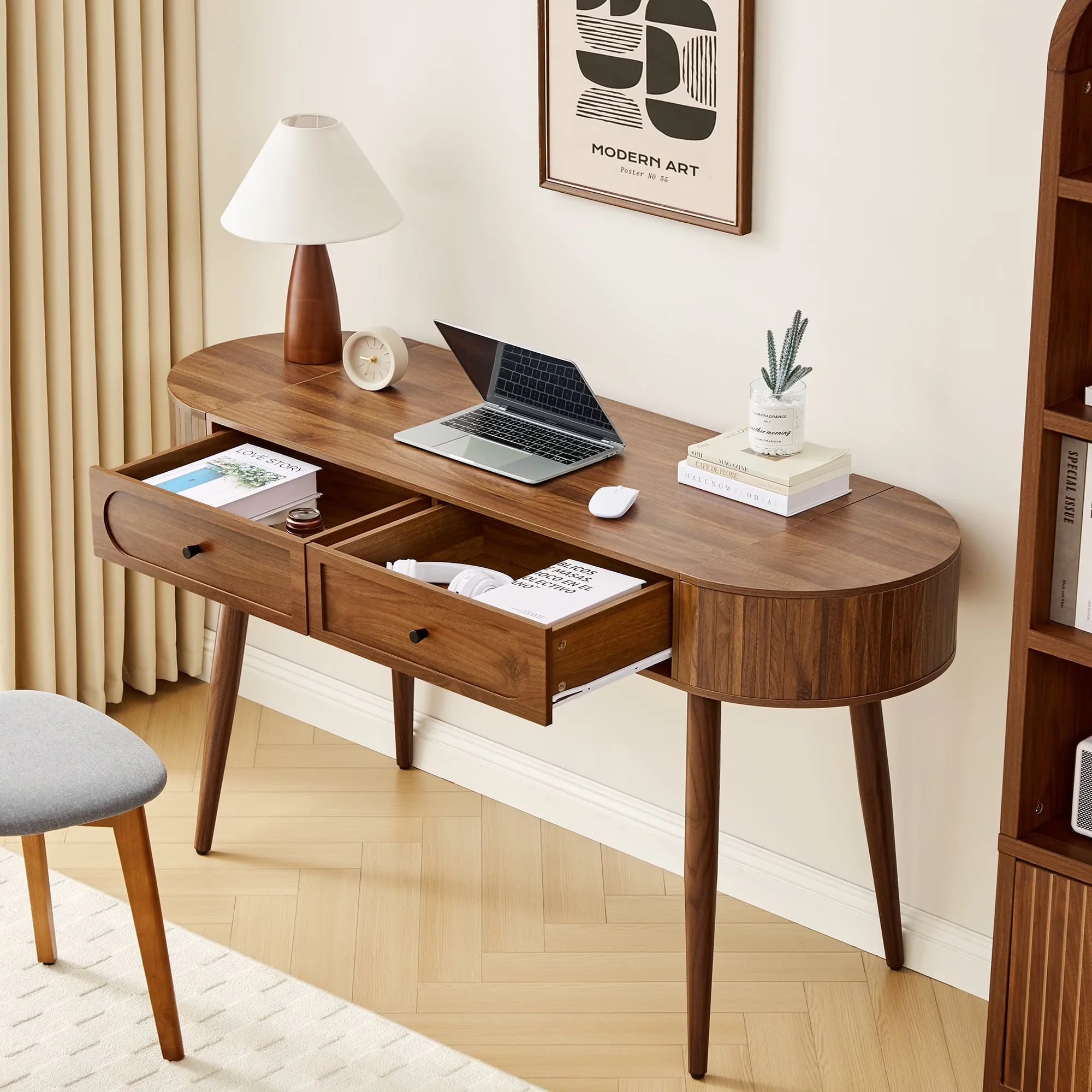 2026 NewYOCWO Modern Home Office Desk with 2 Drawers and 2 Fflip-top Storage, Oval Computer PC Desk Table, Vanity Desk with Fluted Curved Table Edge, Walnut