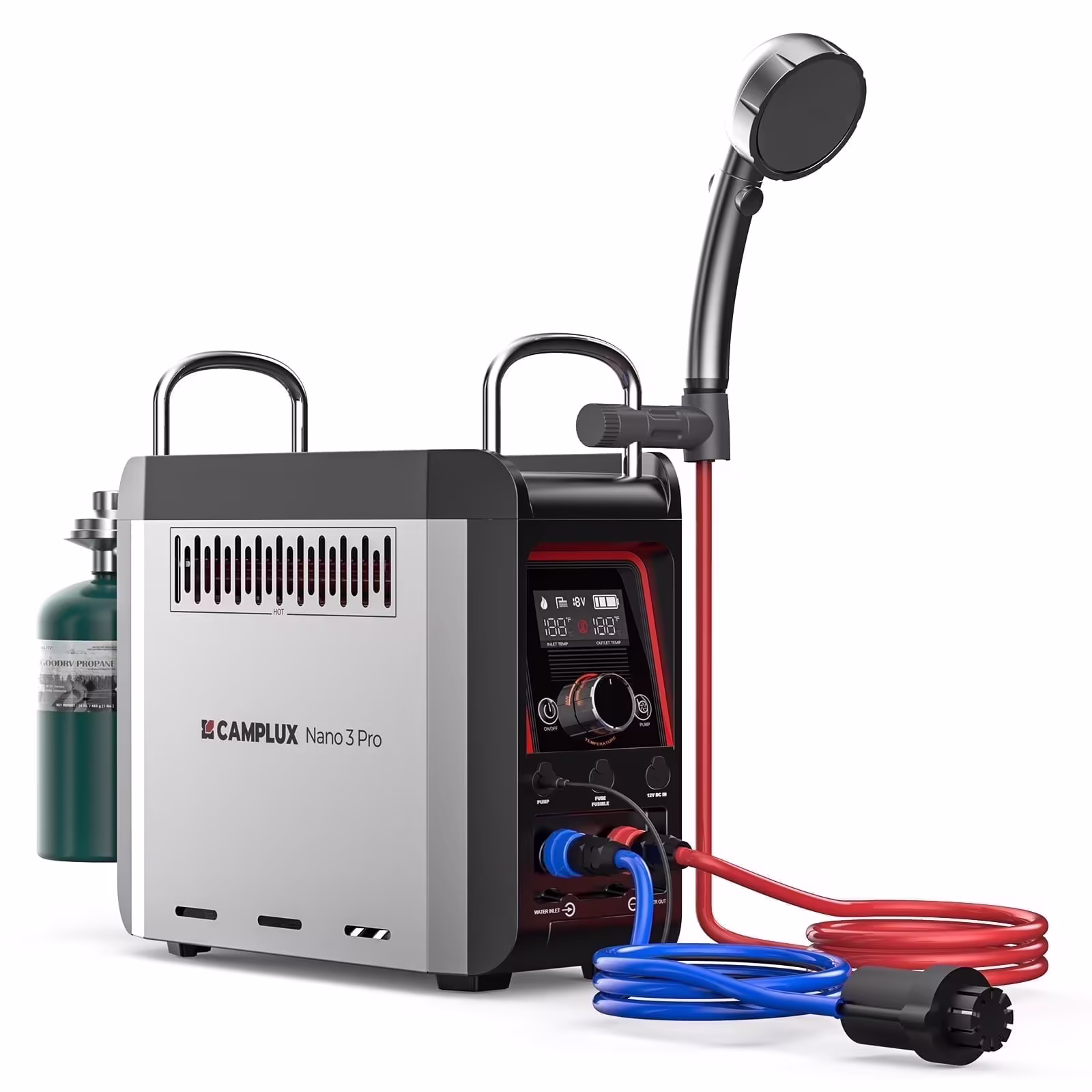 CAMPLUX Nano 3 Pro Portable Propane Water Heater with Battery, Instant Hot Water for Camping and Outdoor Use