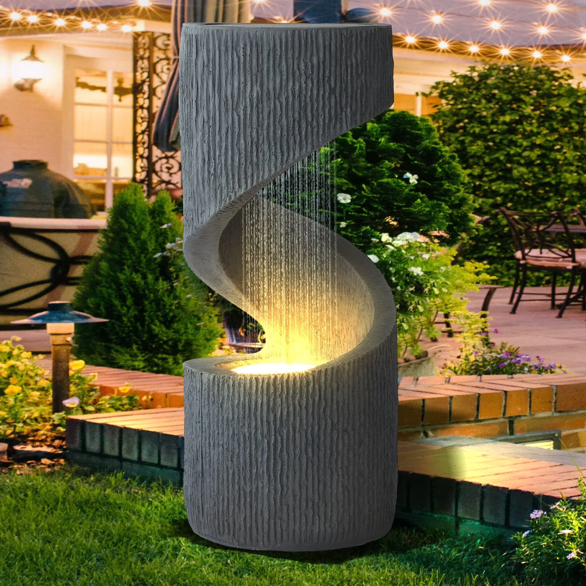 2026 NEW Magic Union Outdoor S-Shaped Water Fountain, Spiral Waterfall Indoor Fountain Outside Garden Decor with LED Lights & Pump, Curved Patio Resin Fountains for Yard, Deck, Porch and Home Decorations
