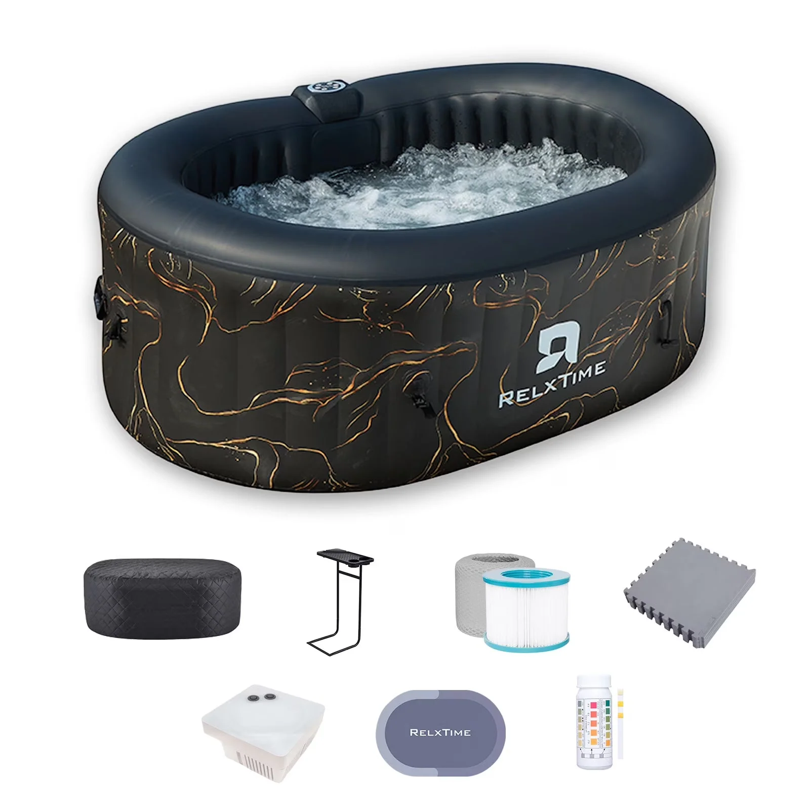 2026 NEW RELXTIME 2 Person Oval Inflatable Hot Tub Set Outdoor Spa with 100 Massage Jets, LED Light, Black