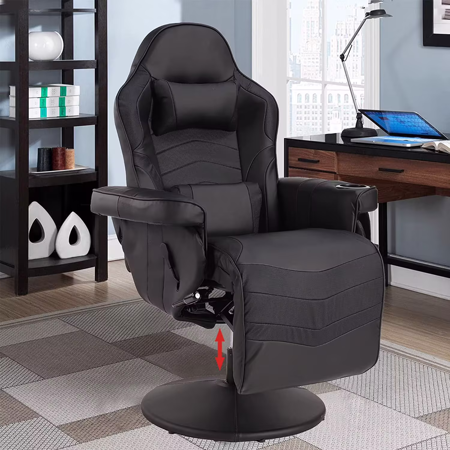 LVUYOYO Massage Video Gaming Recliner Chair Ergonomic Backrest & Seat Height Adjustment Swivel Recliner PU Leather High Back Computer Office Chair with Cupholder, Headrest, Lumbar Support, Footrest