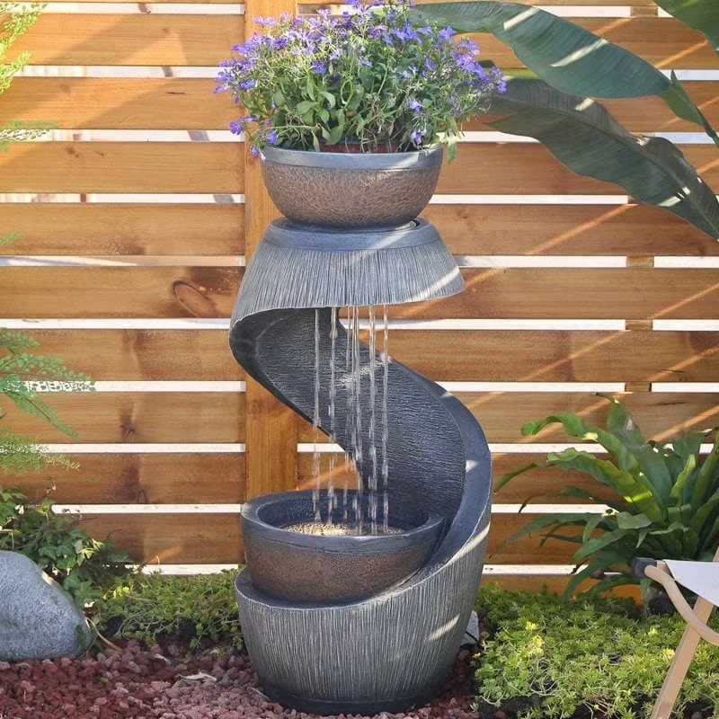2026 NewOutdoor Water Fountain Modern Curved Waterfall S-Shaped Freestanding Fountain with Bowl Planter for Patio Deck Garden Yard Home Decor