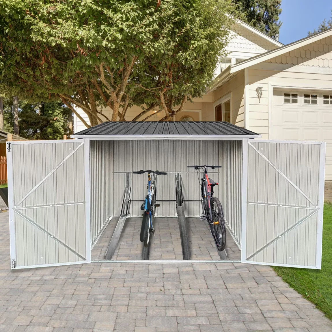 2026 New6.3' x 6.1' Outdoor Storage Shed Clearance, Metal Outdoor Storage Cabinet with Double Lockable Doors, Waterproof Tool Shed, Stores 4 Bikes, Backyard Shed for Garden, Patio, Lawn
