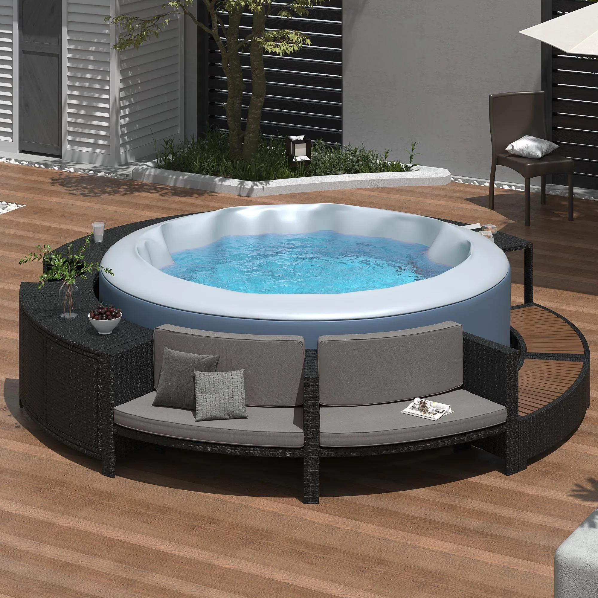 2026 NewRound Hot Tub Surround Furniture, Spa Surround Outdoor Rattan Sectional Sofa Set with Mini Sofa, Solid Acacia Wood Hot Tub Storage Surround Patio Furniture Set, Gray Cushion