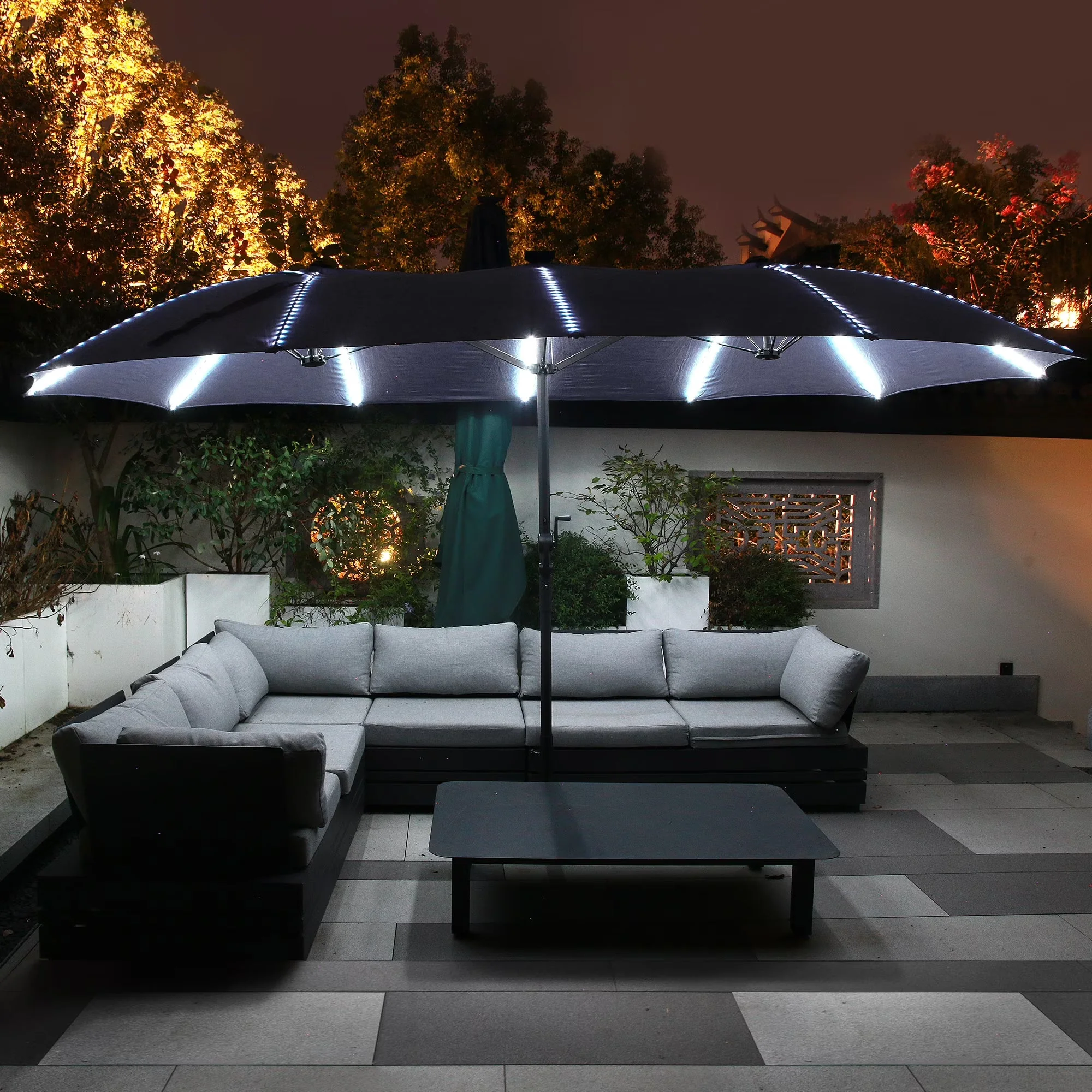 2026 NEW Mondawe 15ft Patio Umbrella, Large Double-Sided Solar LED Outdoor Umbrella with Fiberglass Ribs and Base for Deck Pool, Navy Blue