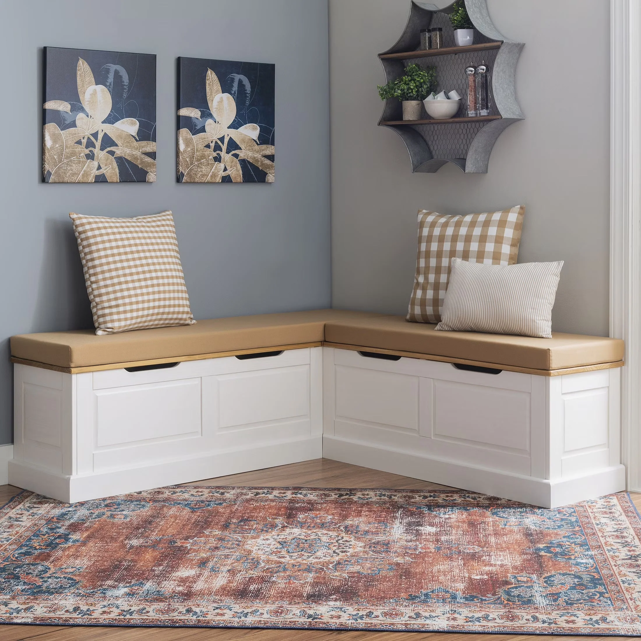 2026 NEW Linon Romero Backless Corner Nook with Storage, 5-Piece Cushion Set, Natural/White/Beige