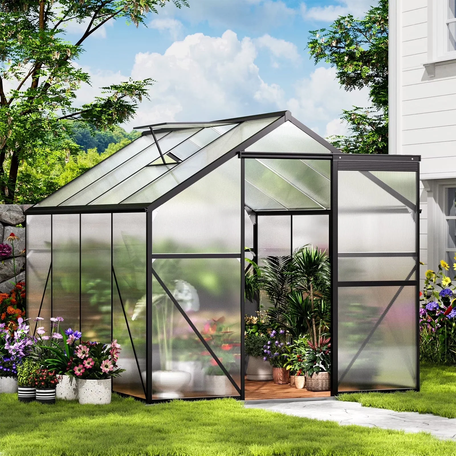 2026 NewAsofer 8x6 FT Greenhouse with Lockable Hinged Door Vent Window, Polycarbonate Walk-in Winter Greenhouse Sunroom, Black