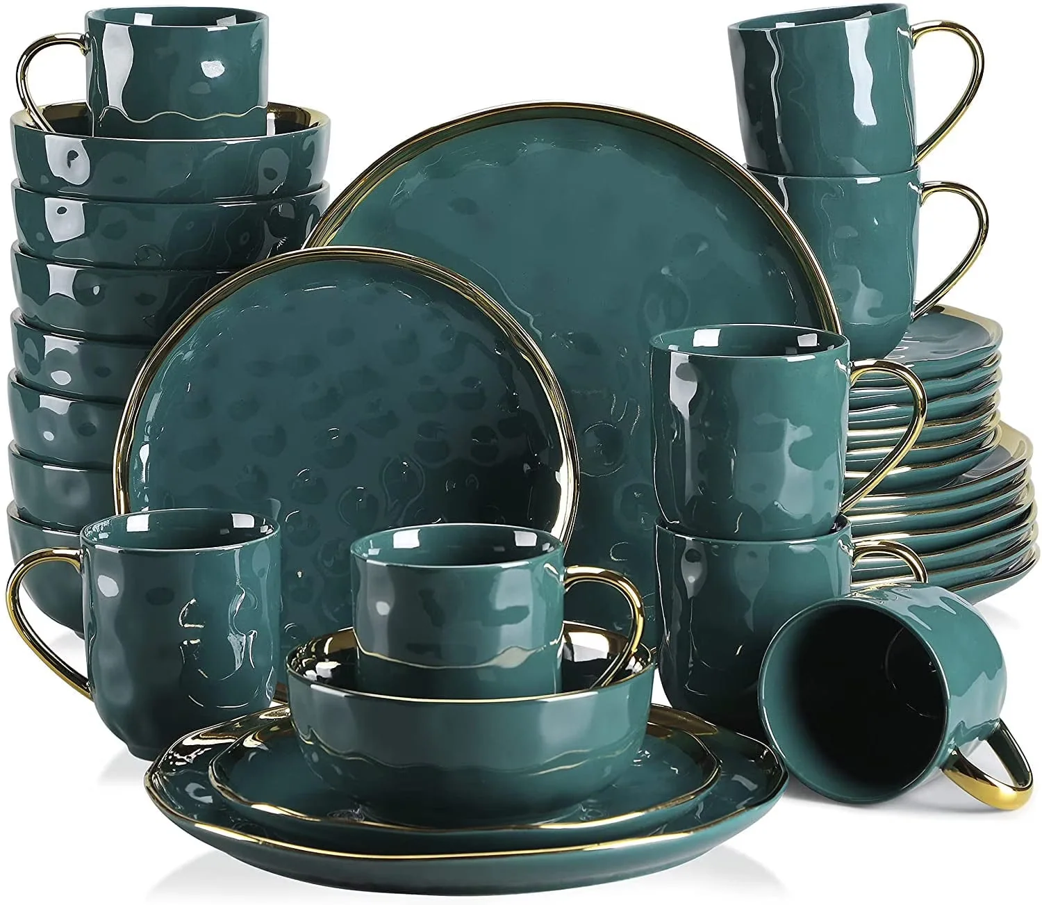 2026 NEW LOVECASA Dinnerware Sets, Stoneware Dinner Set for 8, 32-Piece Round Dark Green and Gold, Series Sweet